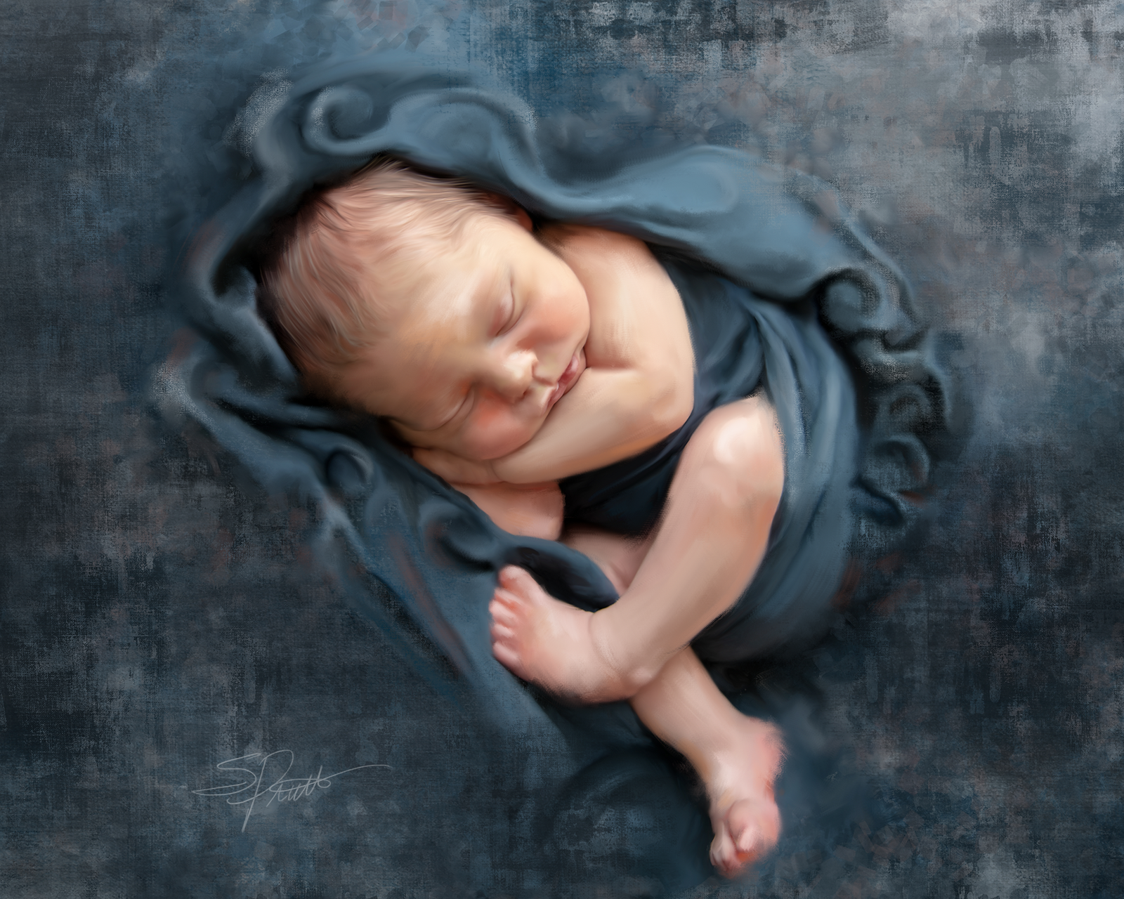 Newborn baby painting in blue