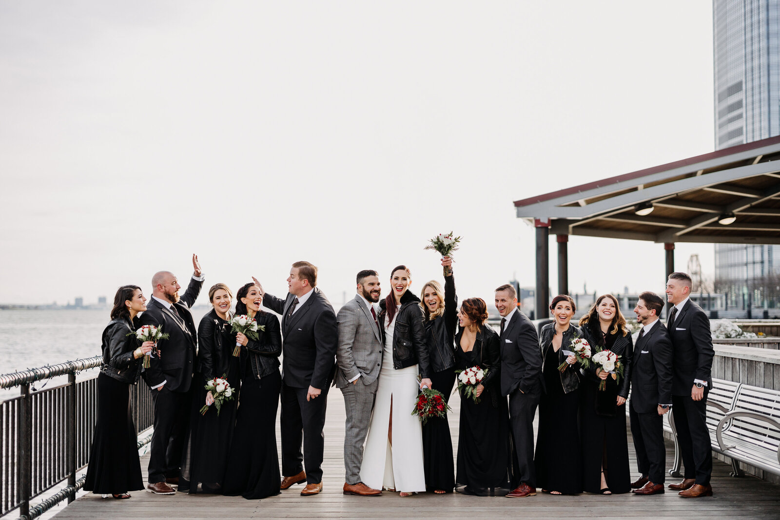 edgy bridal party with leather jackets
