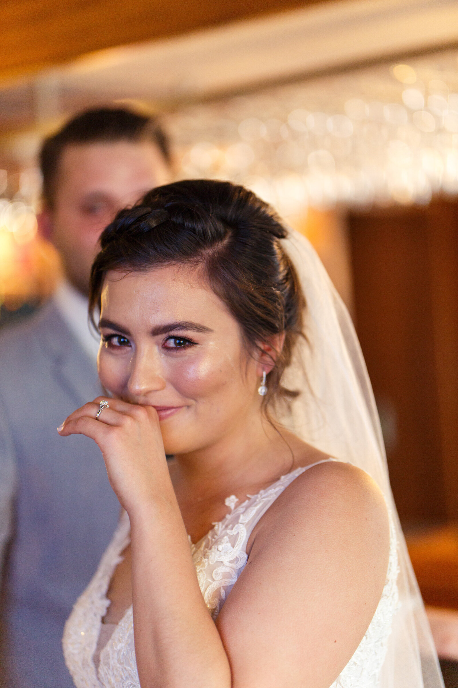 bride crying during first look on wedding day