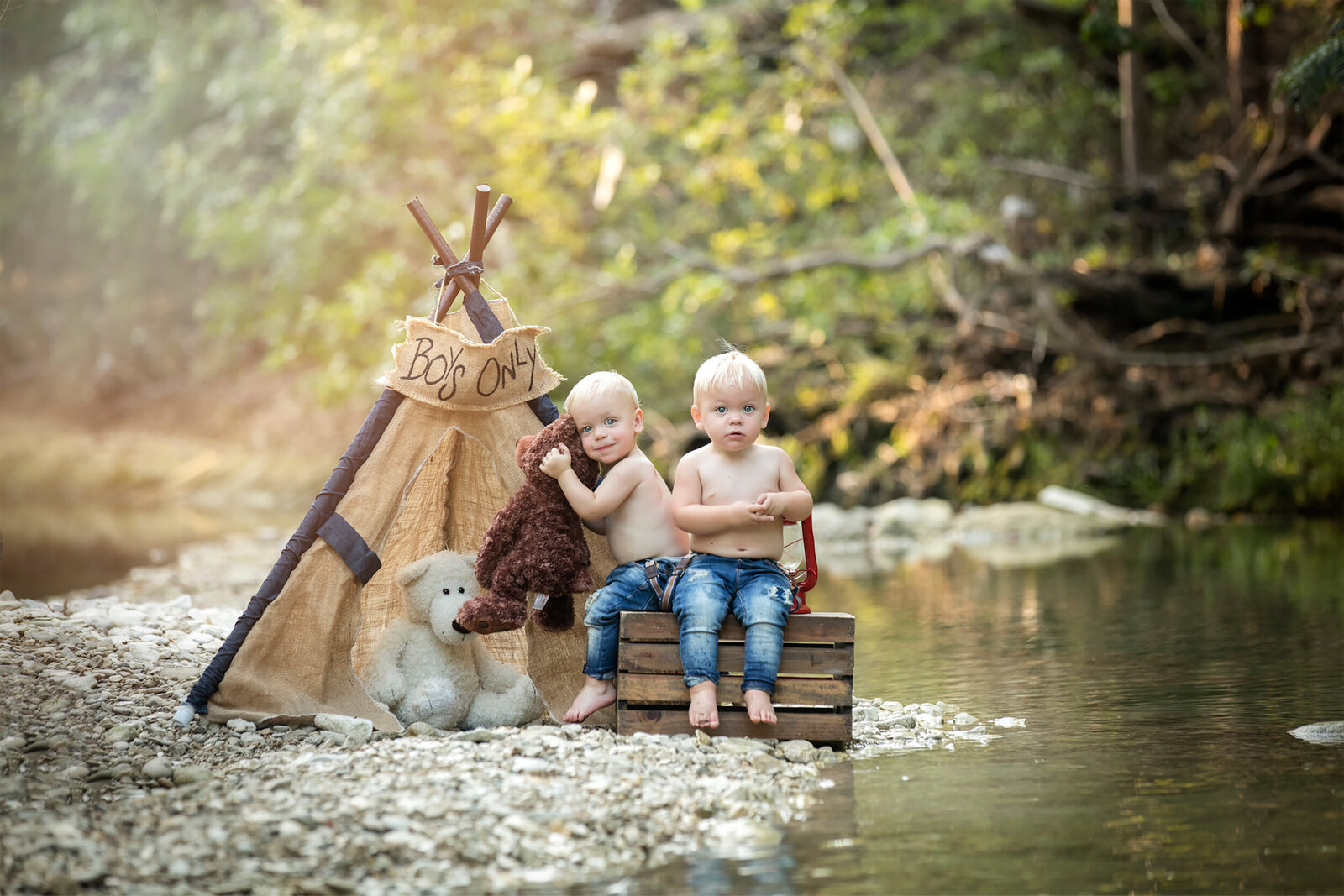 Twin boys playing in a creek, Dahlias and Daisies Photography