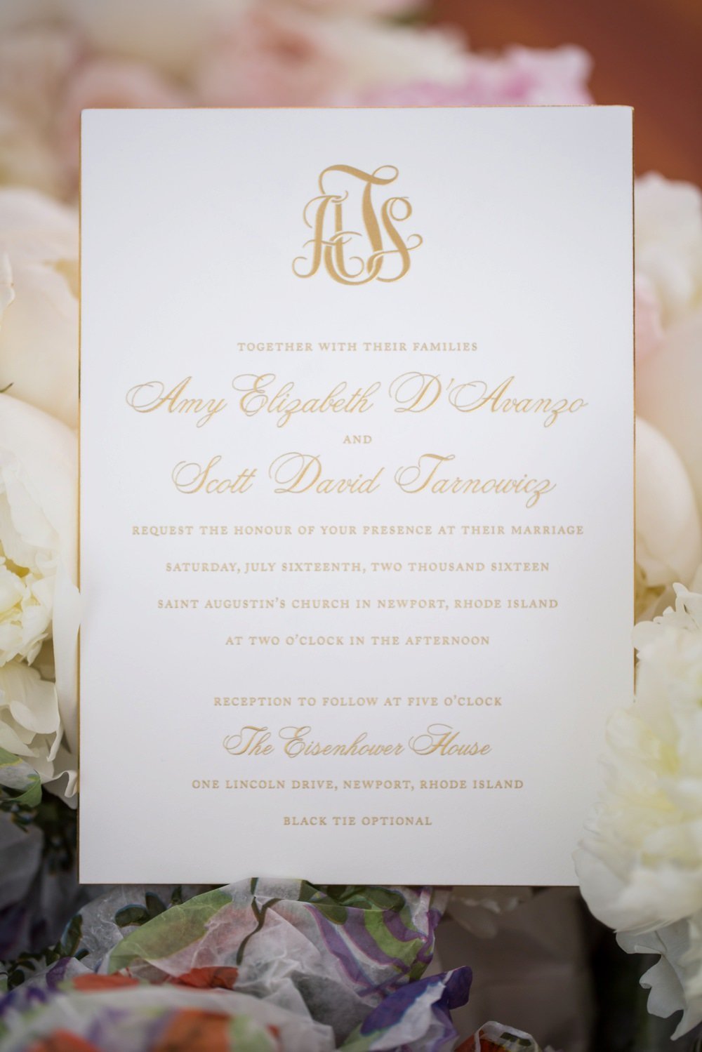 Classic monogramed wedding invitation in gold foil for Eisenhower House wedding