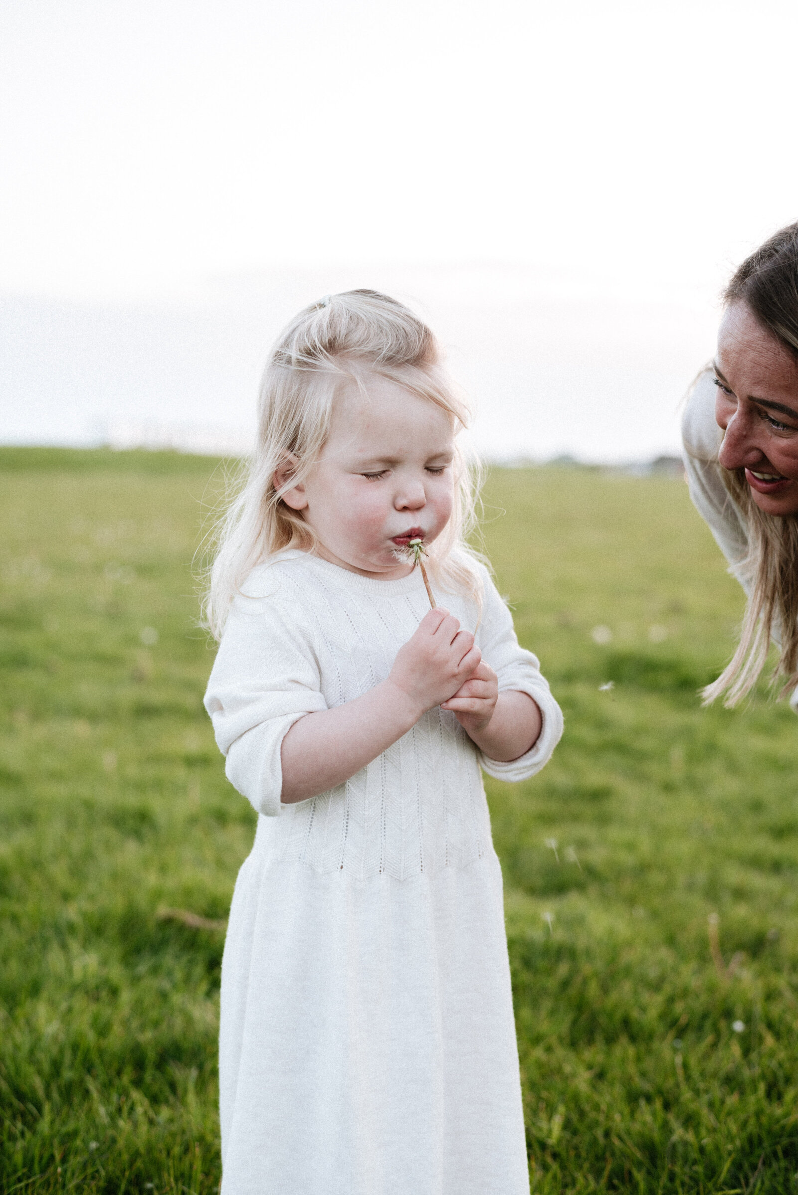 Little girl blowing a dandelion at family photoshoot in Billingshurst West Sussex