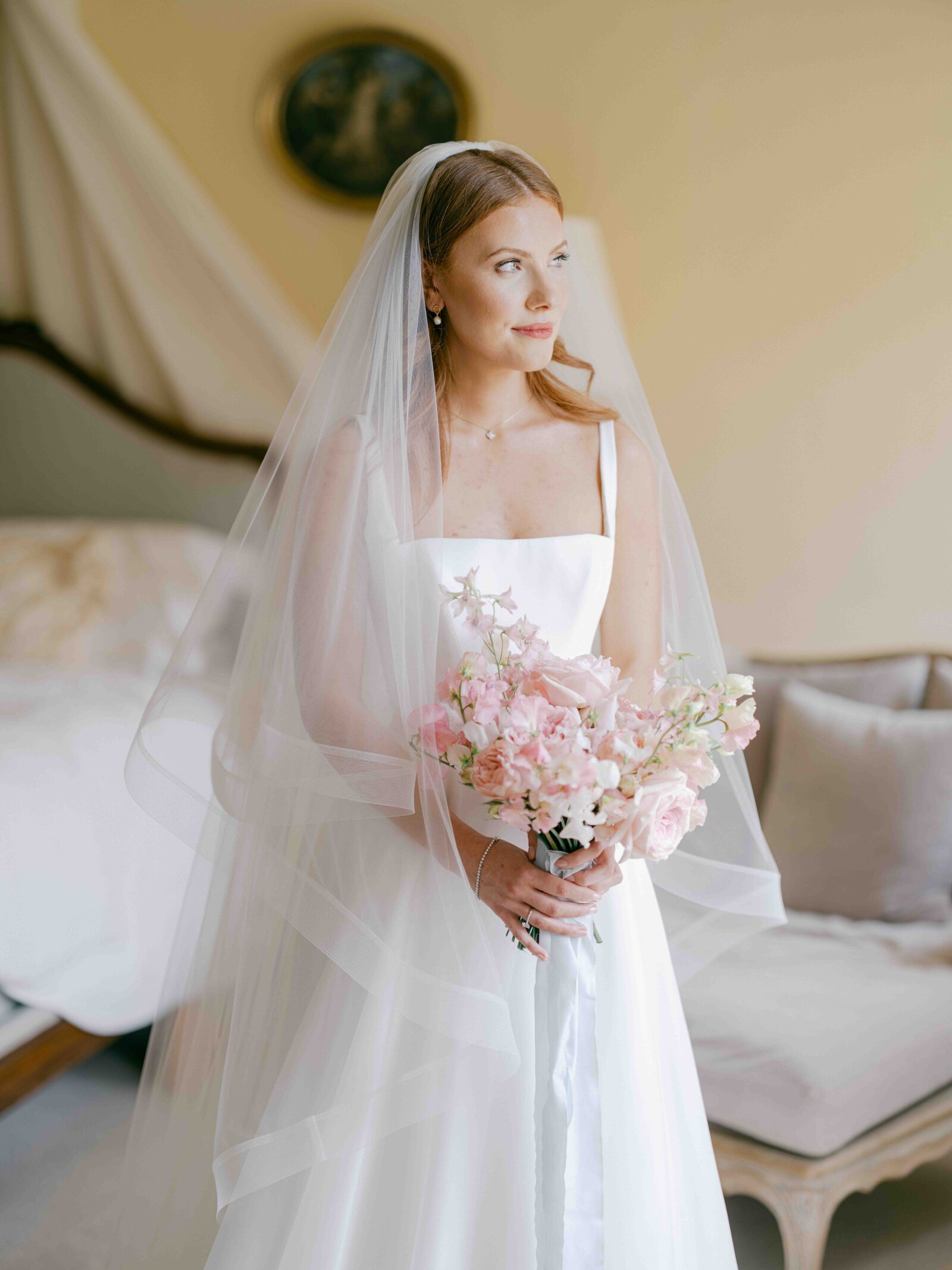 Portrait of bride in suite before wedding ceremony at Came House Manor