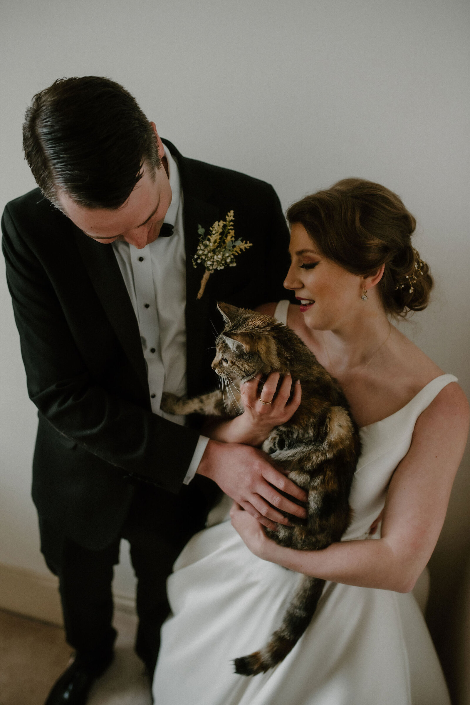 couple holding and cuddling cat at home wedding