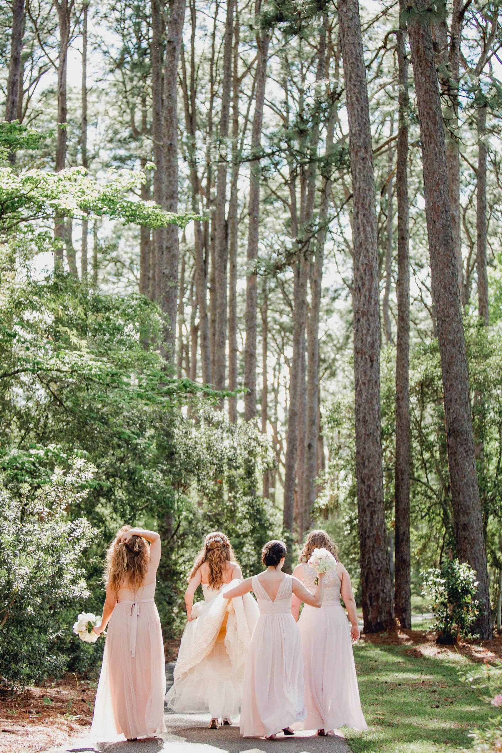Bride and bridesmaids walk in forest, Brookgreen Gardens, Murrells Inlet, South Carolina