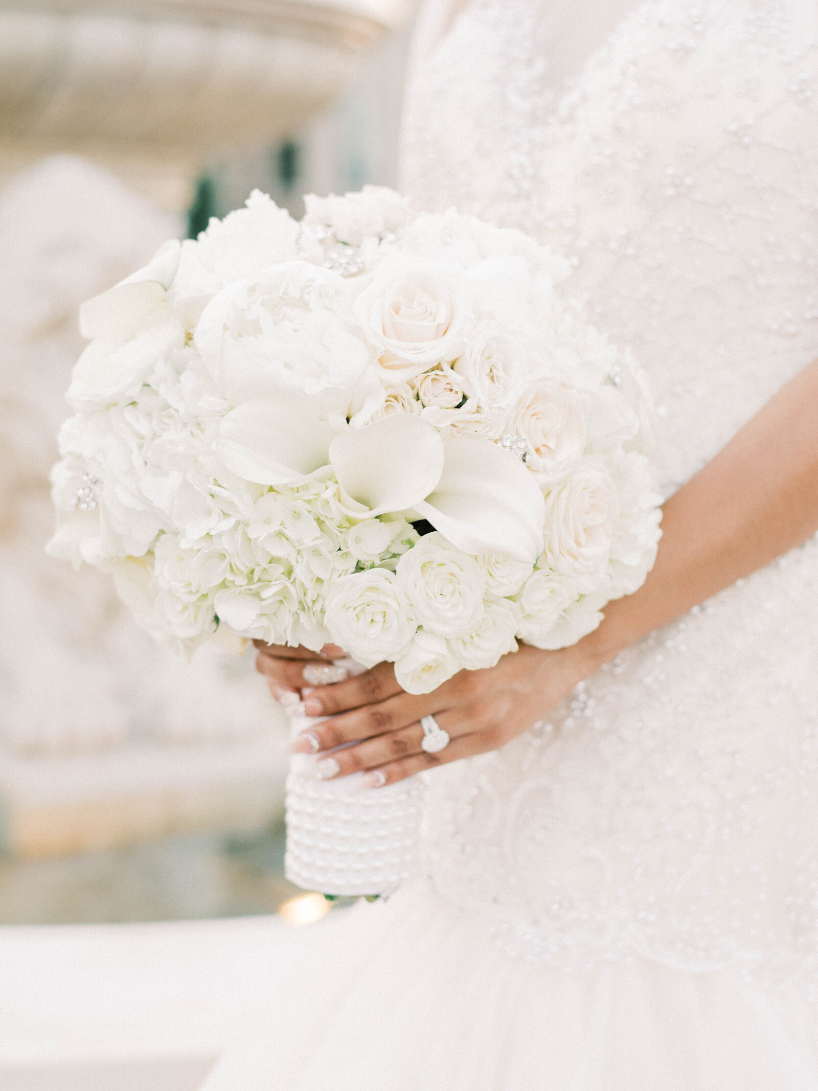 Wedding bouquet with white roses and hydrangeas