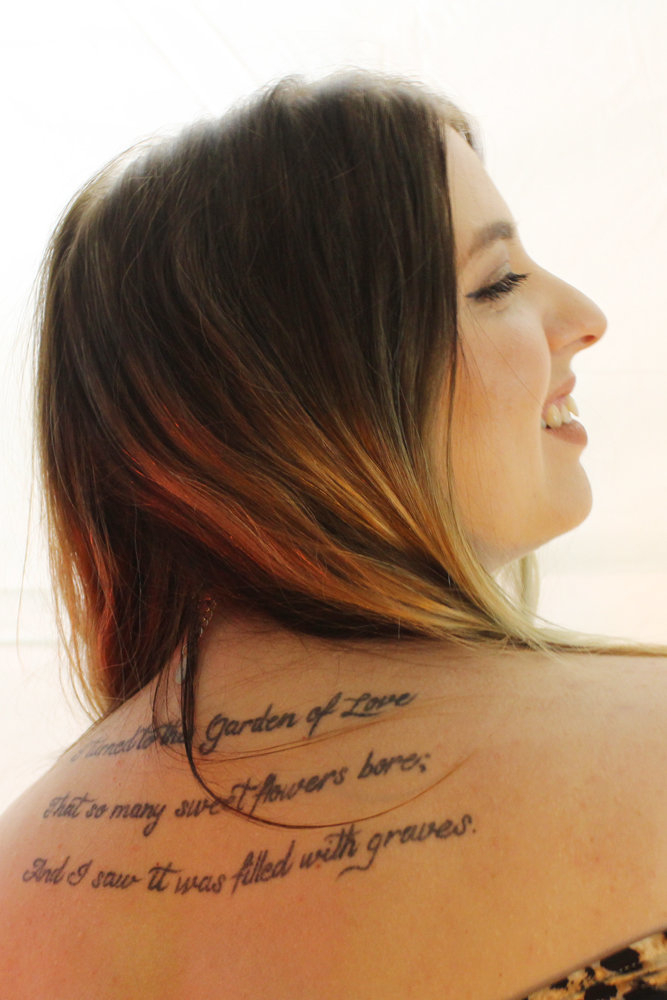 Tattoo, Shoulders, quote, leopard print