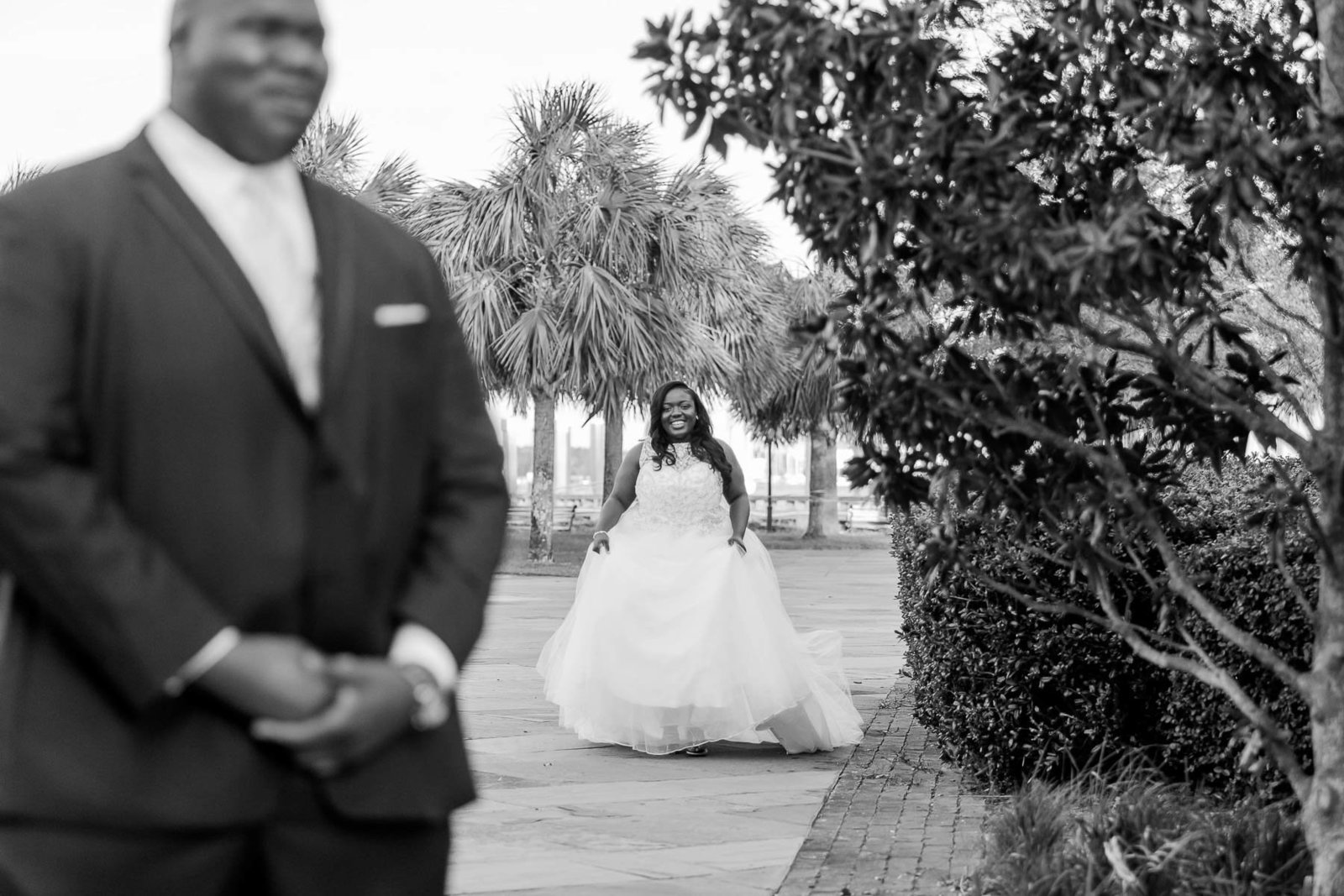 Bride and groom have first look, South Carolina Aquarium, Charleston, South Carolina