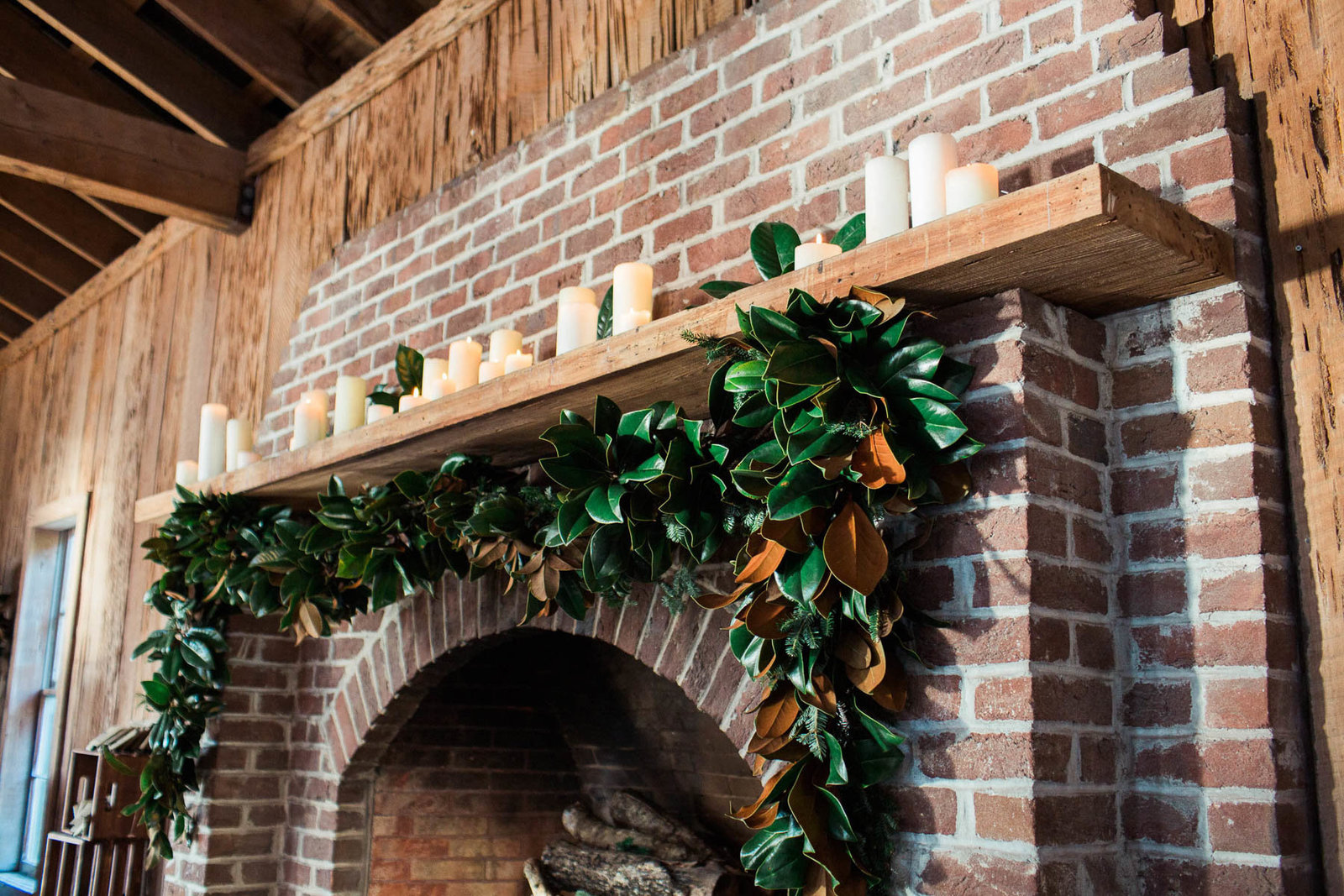 Cotton Dock fireplace is decorated with candles and garland, Boone Hall Plantation, Charleston, South Carolina