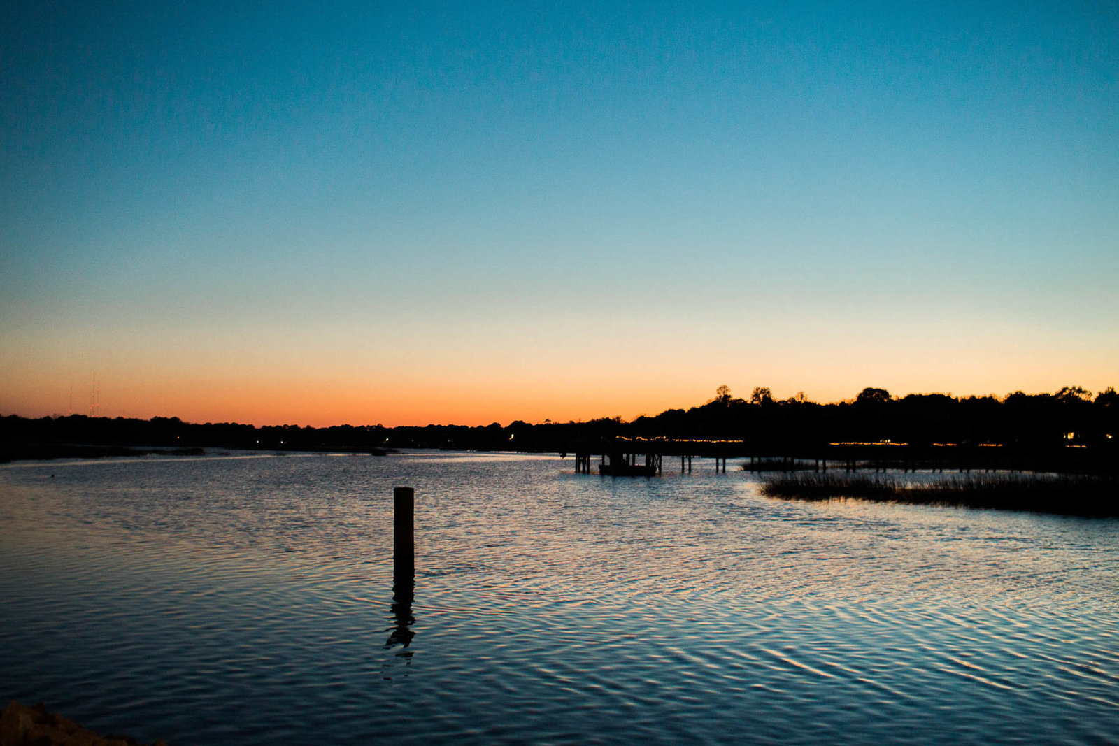 Water ripples as sun sets, Boone Hall Plantation, Charleston, South Carolina