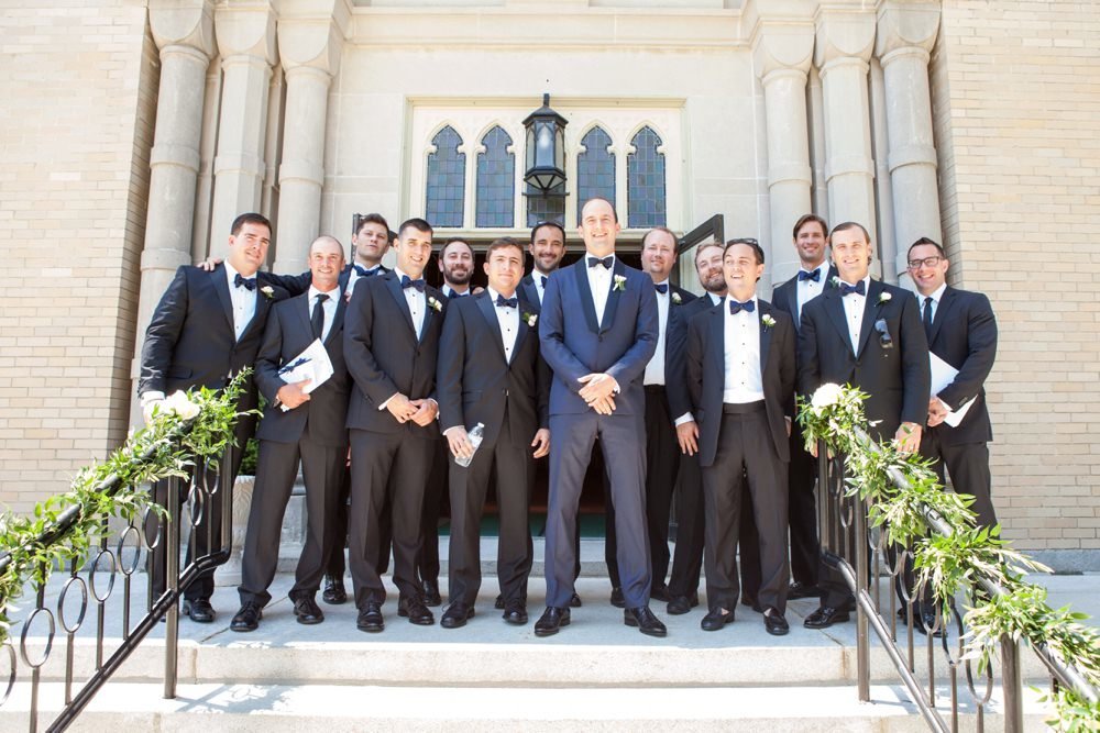 Black tie groom and groomsmen at The Eisenhower House, Newport RI