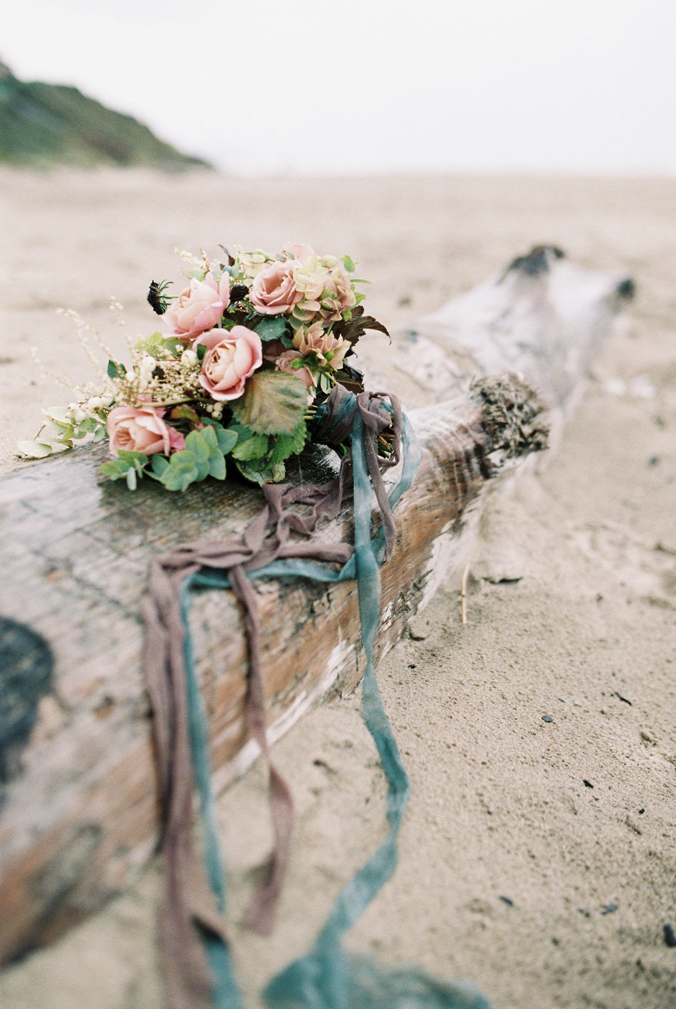 Wedding bouquet with ribbon at Cannon Beach