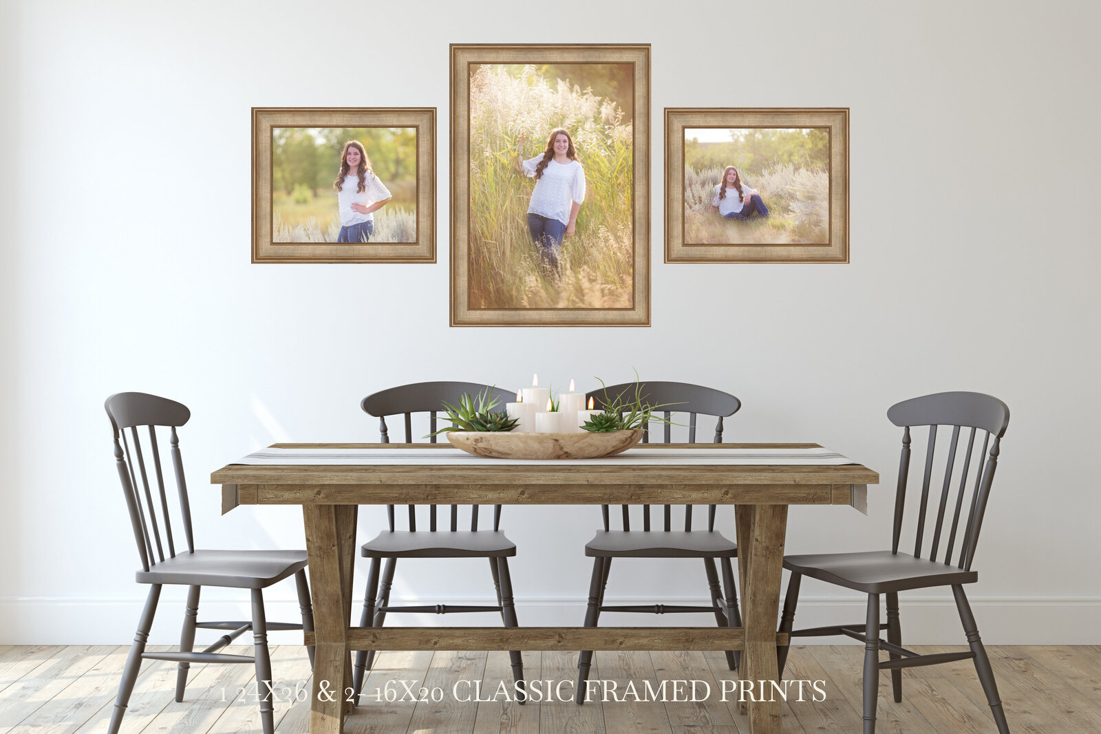 Three framed prints of senior pictures on dining room wall.