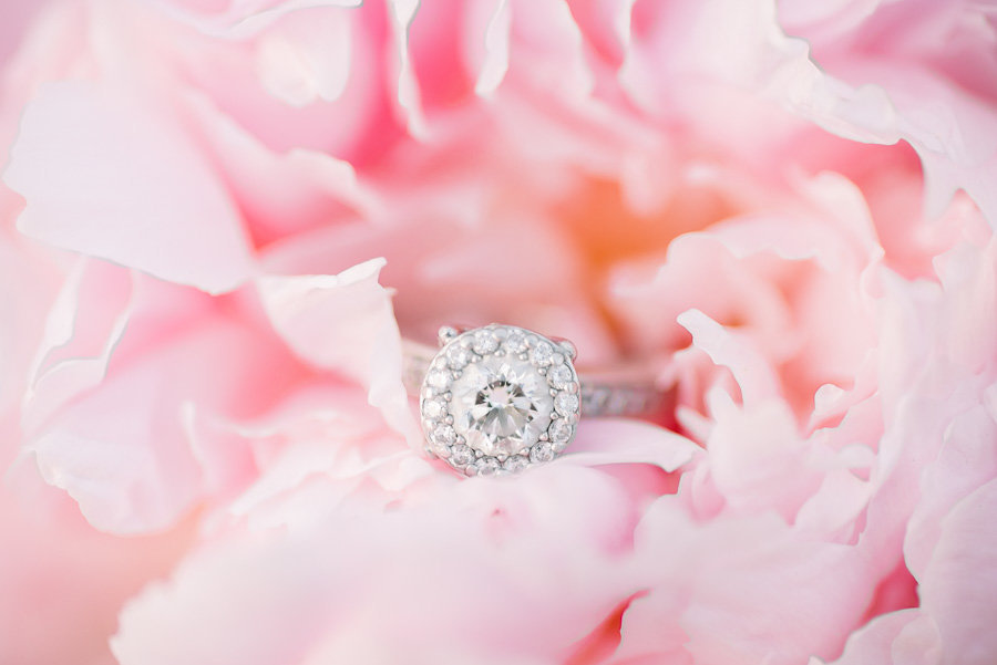 Elegant Scottsdale Wedding Photo of Wedding Ring and Pink Peonies | Tucson Wedding Photographer | West End Photography