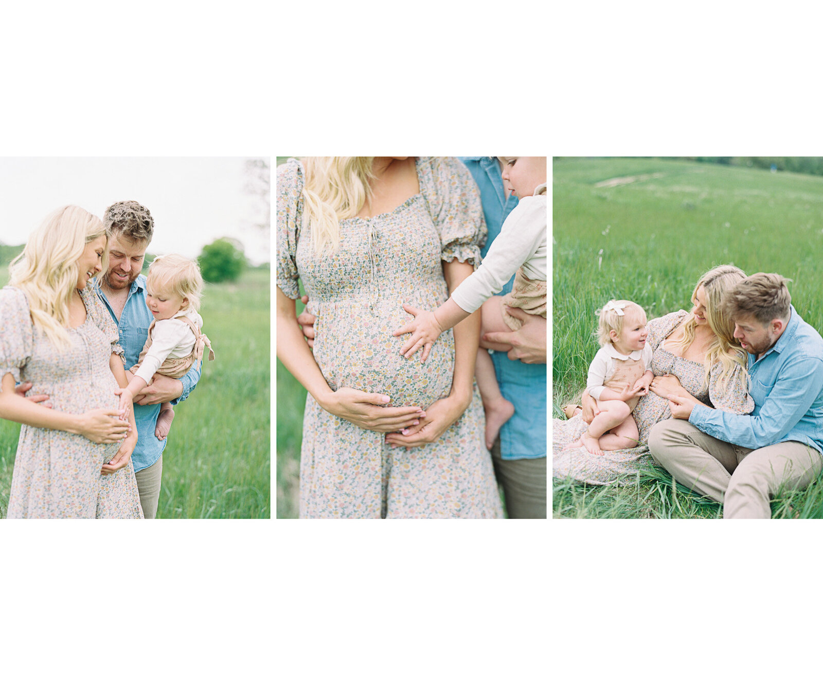 pregnant mom in a field with her husband and son by Milwaukee Maternity Photographer