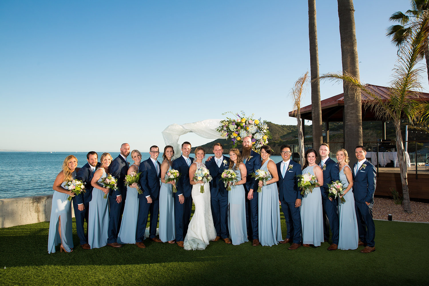 bridal party at ocean view room blue dresses