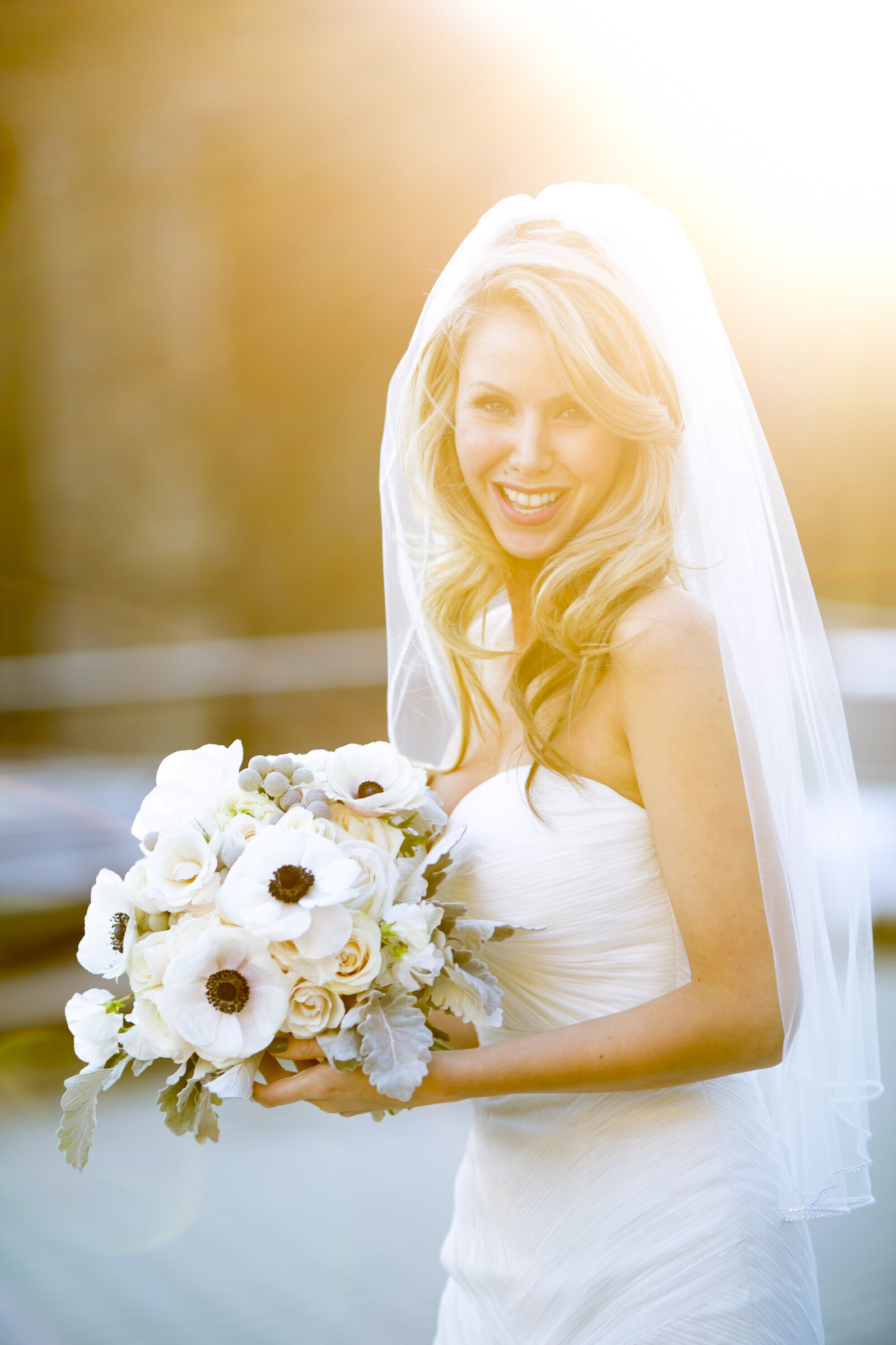 bride portrait sunset light with  bouquet