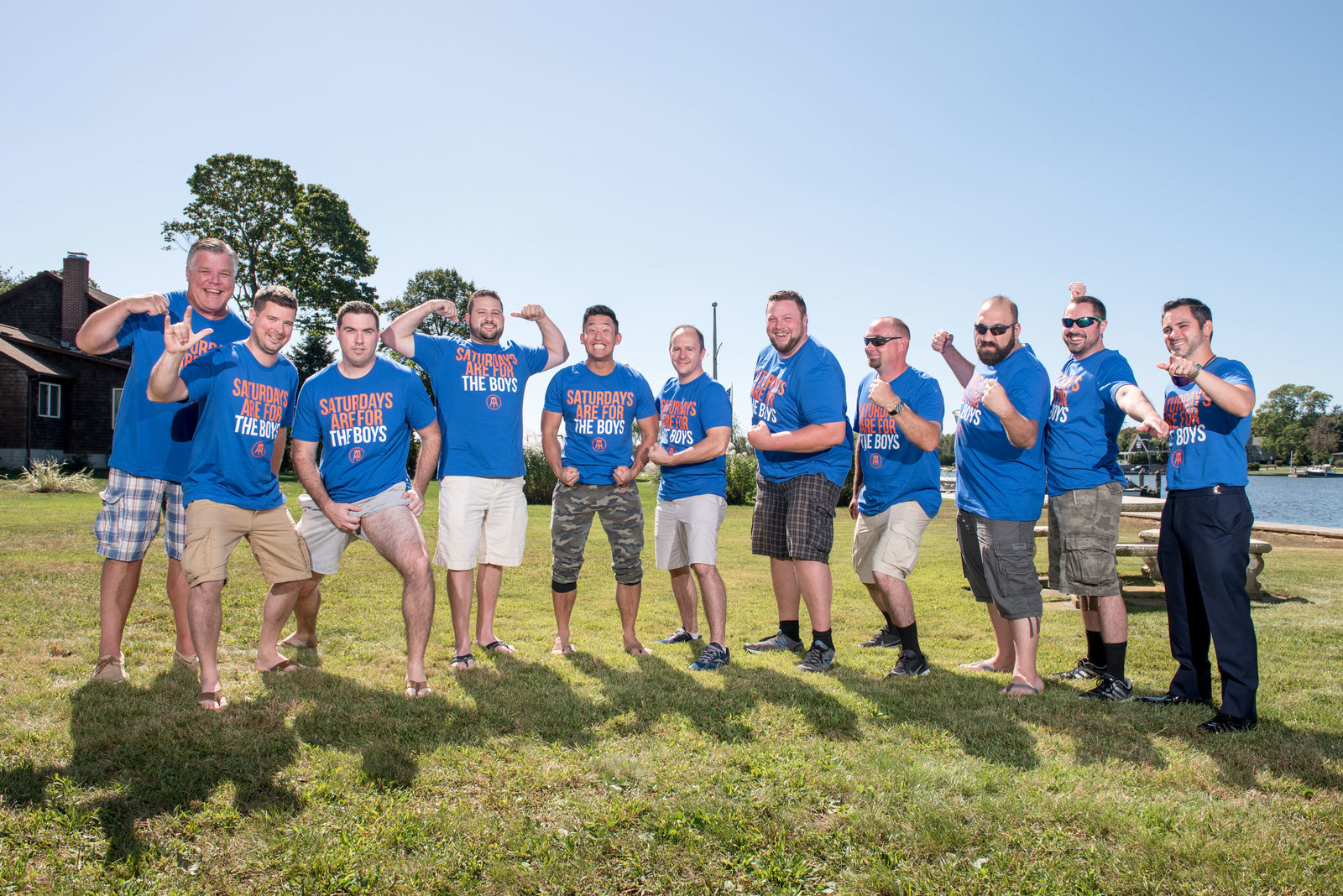 Groom and groomsmen in tshirts at Camp Pa-Qua-Tuck