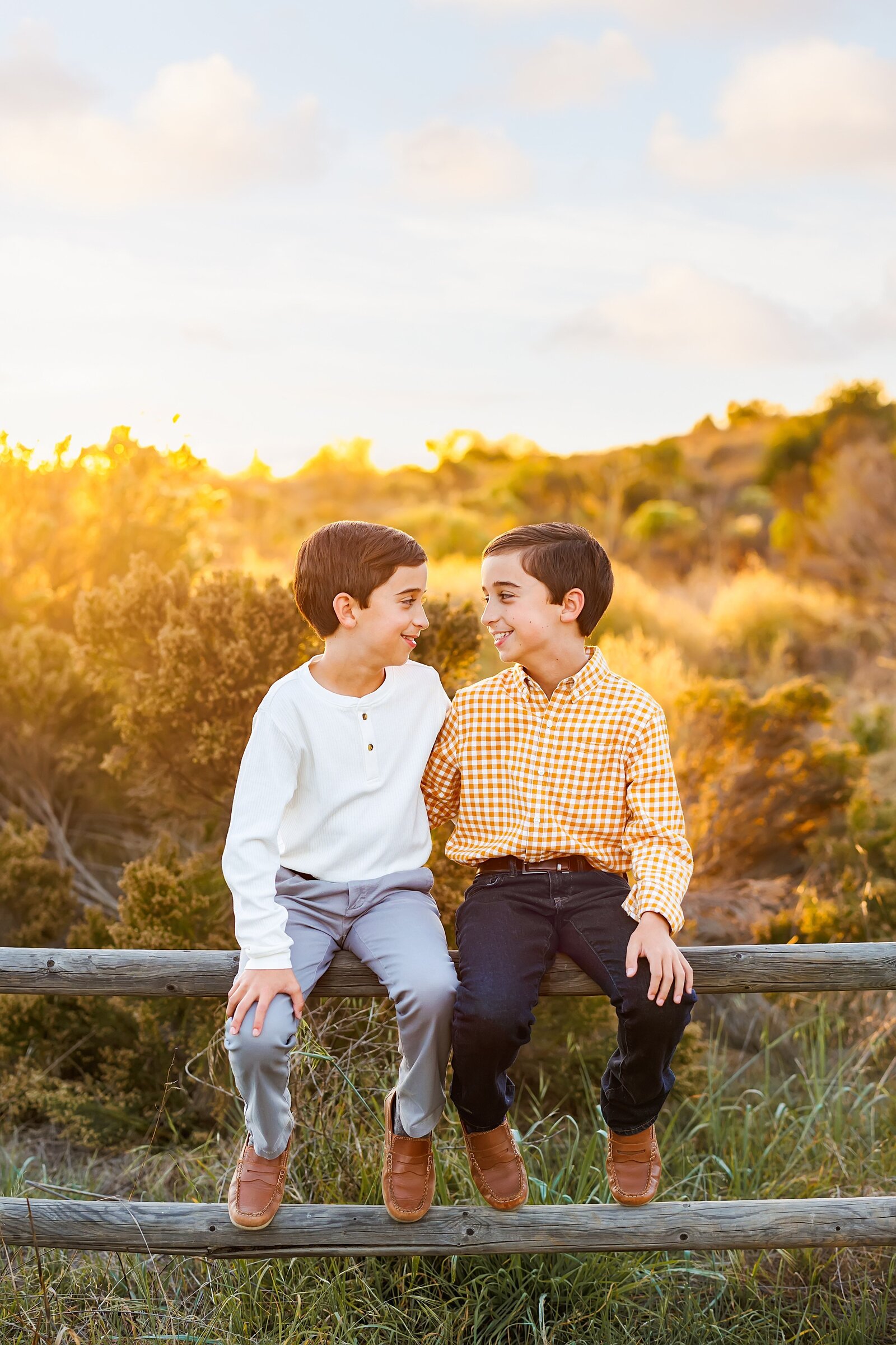 Portrait of young twin boys sitting on a fence looking at eachother in Los Penasquitos