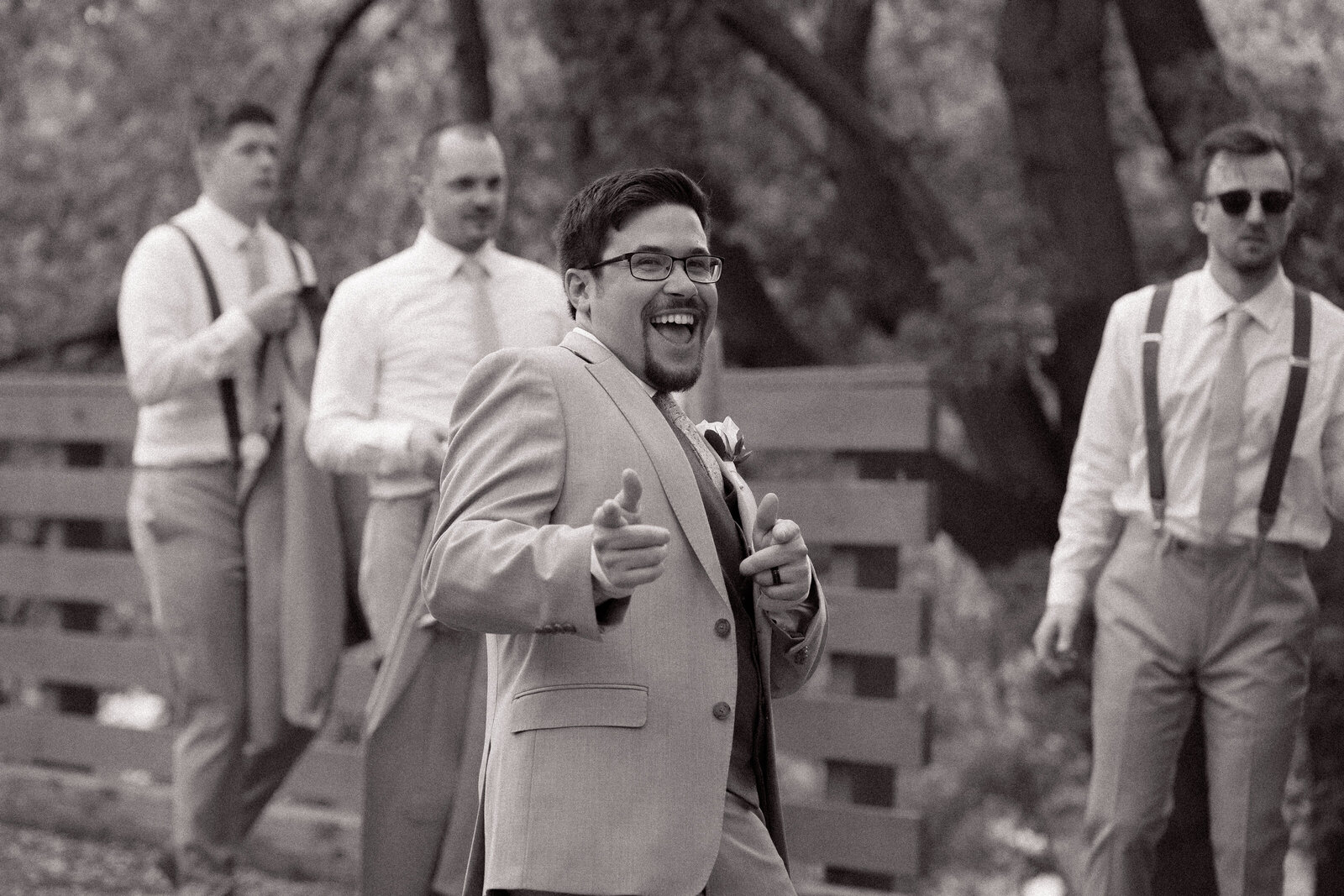 black and white of excited groom in La Crosse, Wisconsin