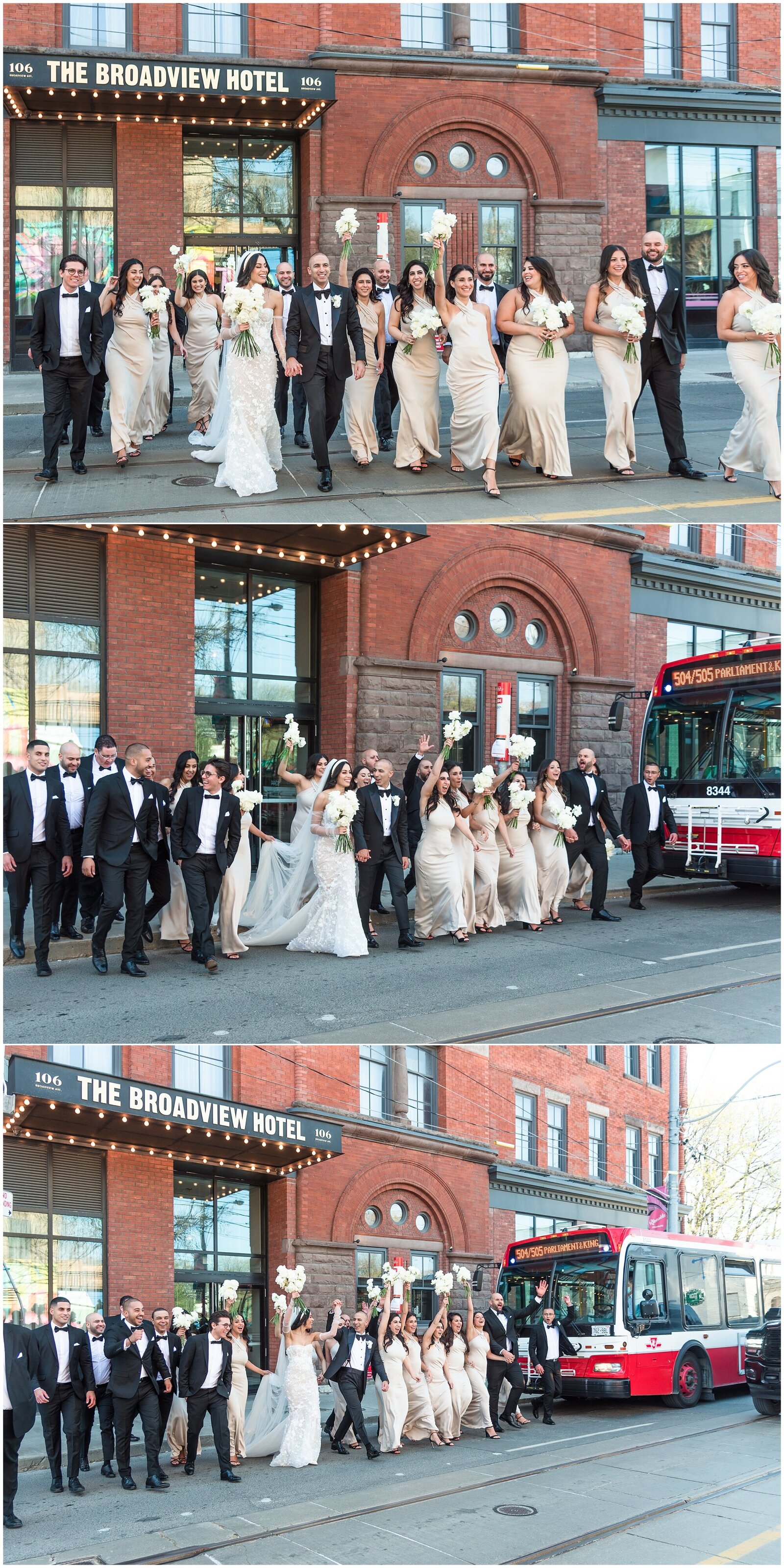 Wedding bridal party at The Broadview Hotel crossing the street and smiling with joy in Downtown Toronto