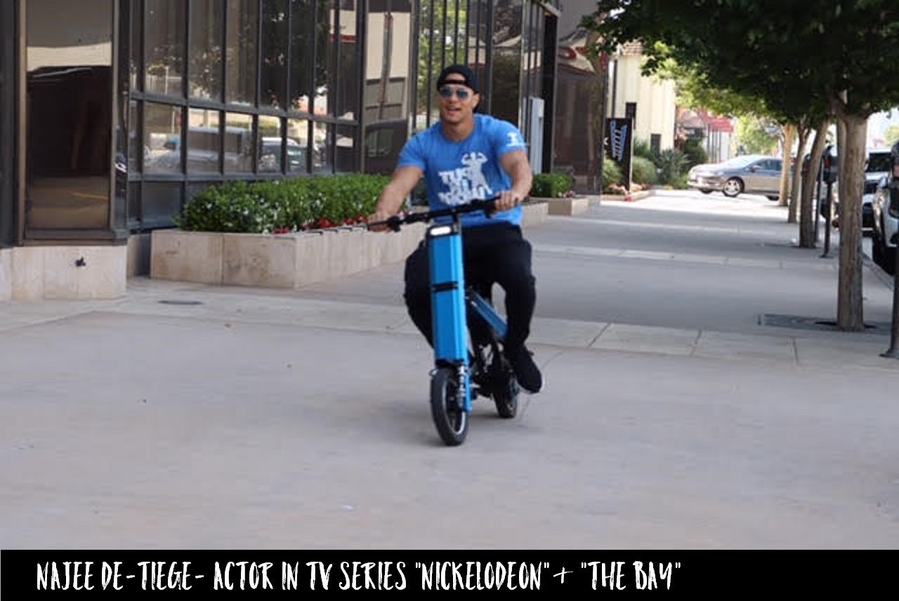 Actor Najee De Tiege whom starred in Nickelodeon and The Bay is cruising the streets of LA on a blue Go-Bike M2. V&D Electric Bikes.