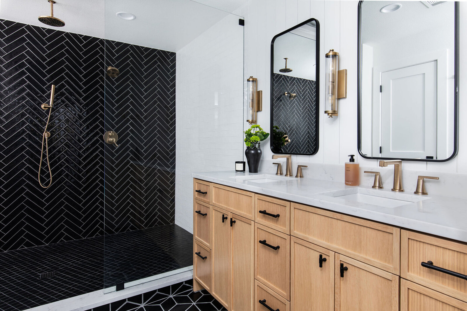 black+herringbone+tile+shower+wood+vanity+wallpaper+nuela+designs+interior+remodel