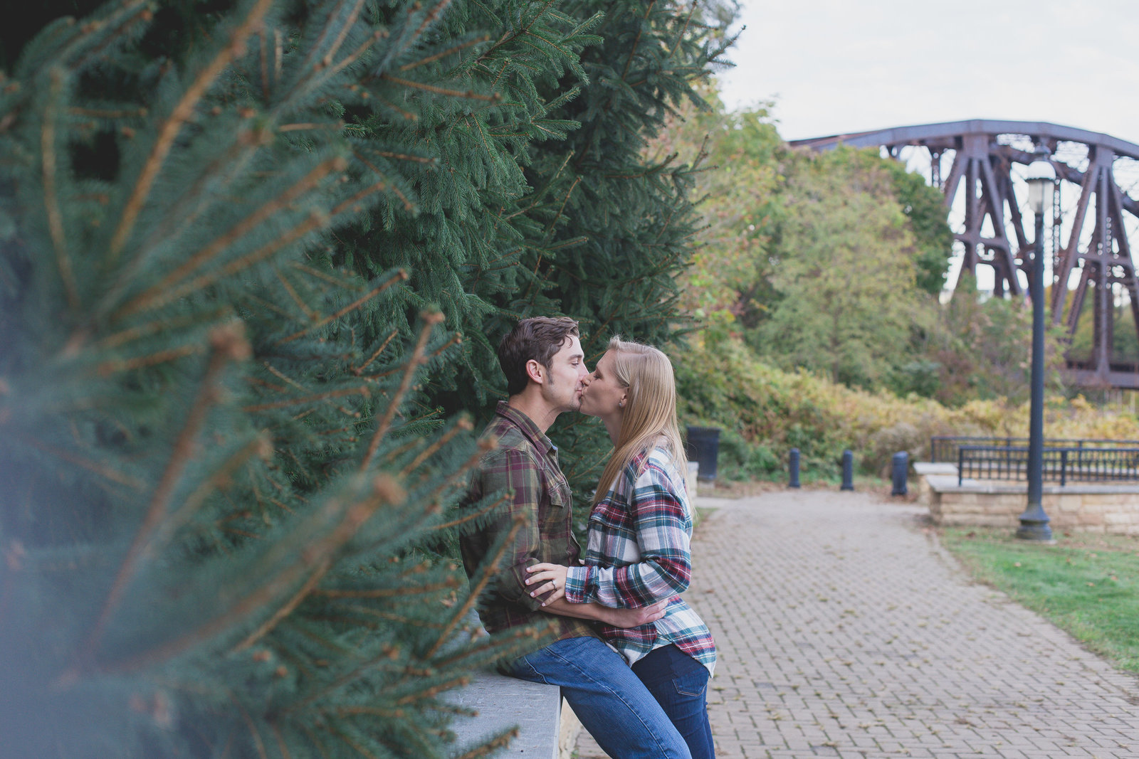 engaged_couple_kiss_among_pine_trees_in_park