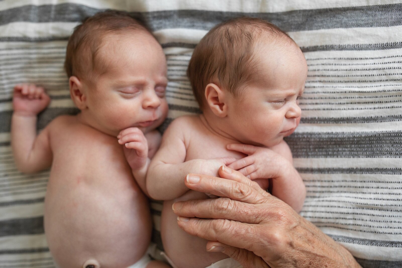 Newborn twins with grandma's hand to soothe them during Seattle newborn photography session