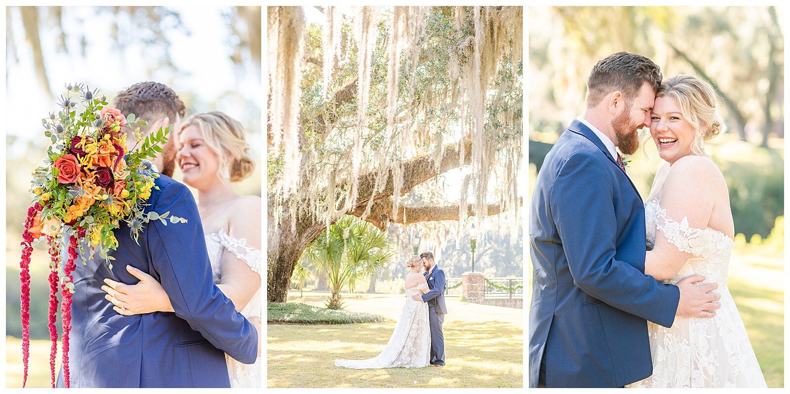 Three collage photos of a low country bride and groom. Left photo is a close up of the bouquet with the couple blurred behind. The middle image is full length with spanish moss hanging. The third image is of the bride laughing.