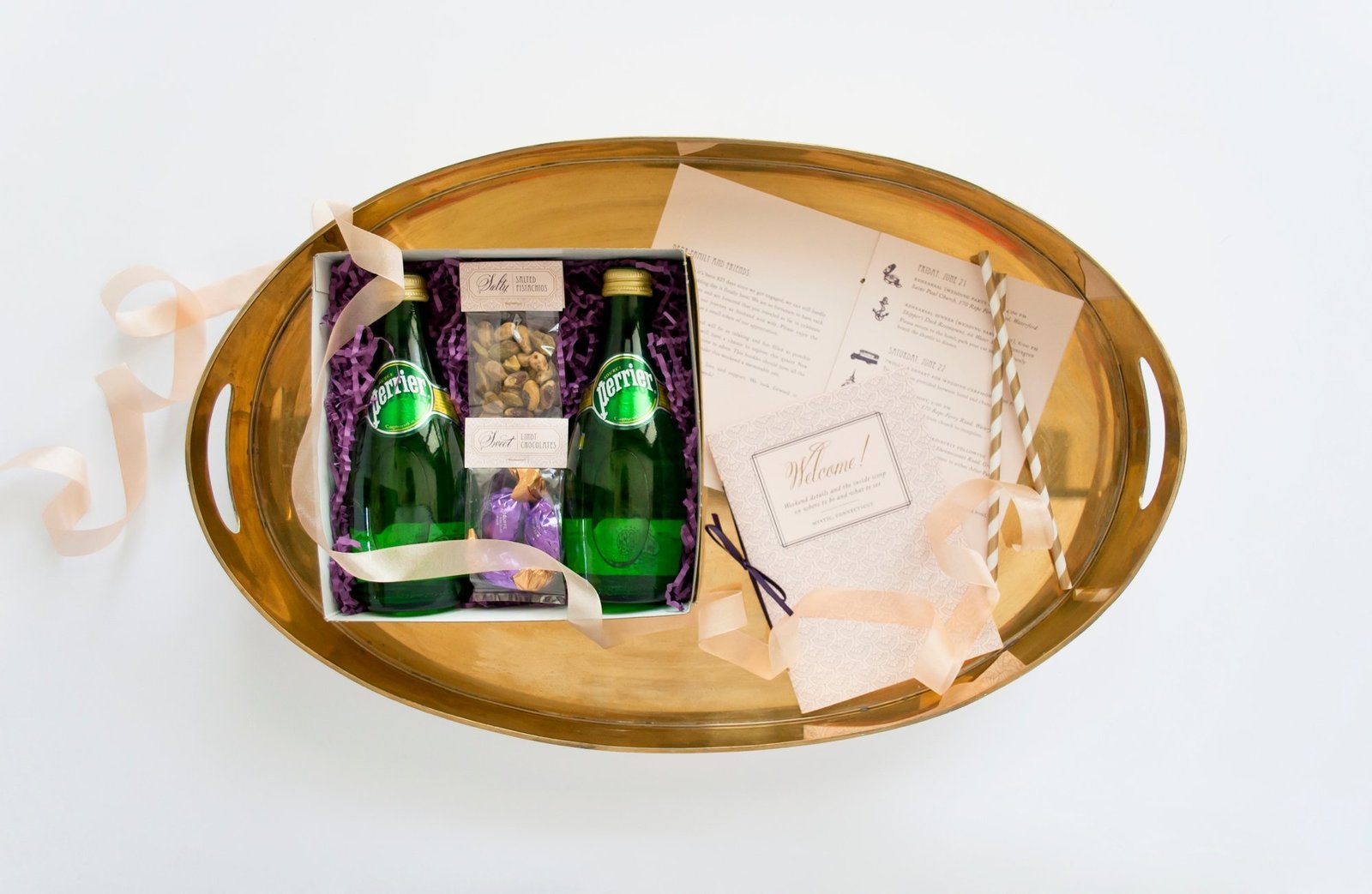 Luxurious gatsby themed welcome gifts for guests at The Branford House in Groton, CT