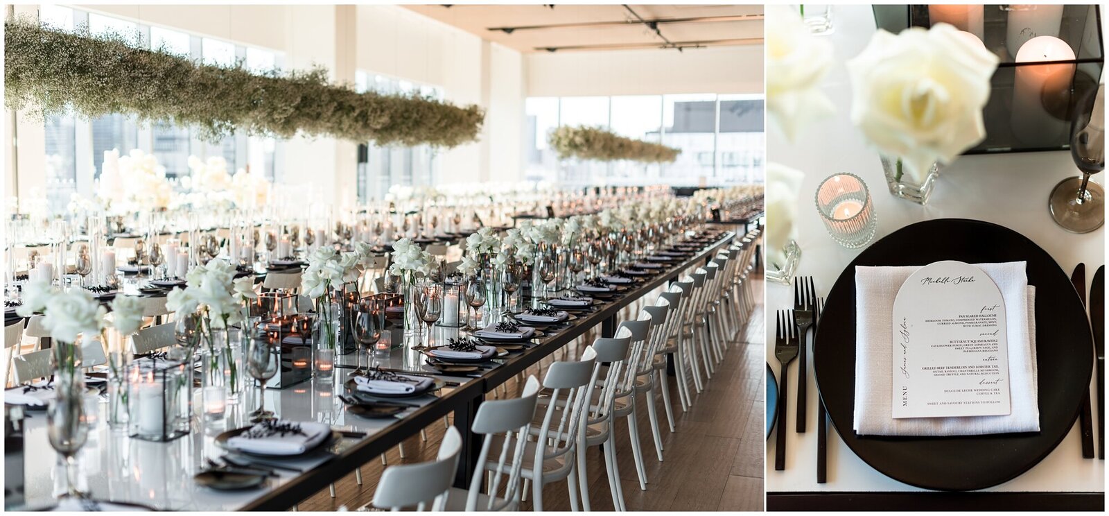 A wedding at The Globe and Mail Centre with Toronto skyline and tablescape