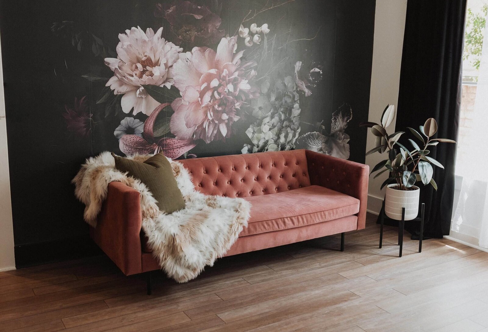 pink couch floral wall dark and moody boudoir phoenix studio