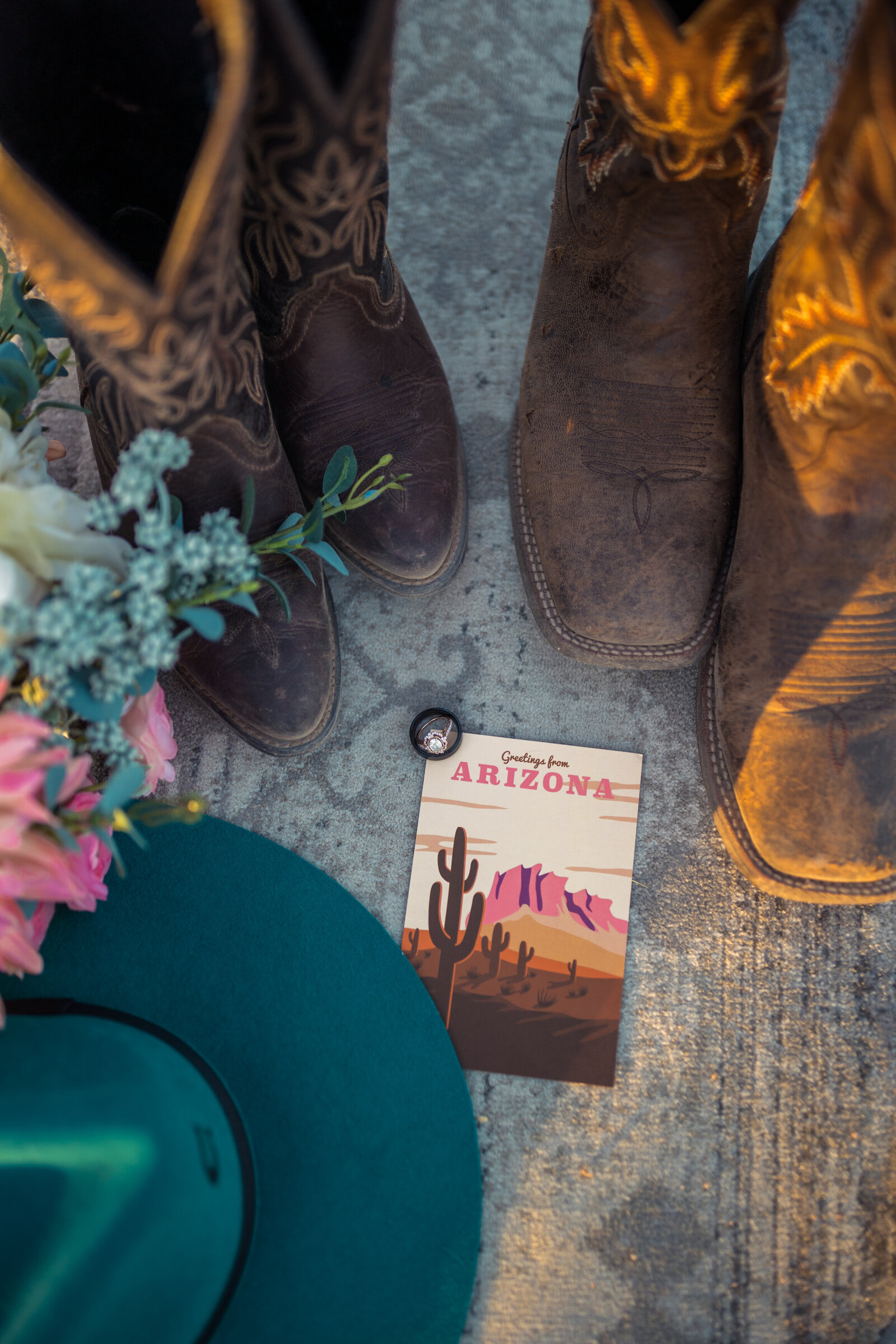 Arizona wedding invitation with cowboy boots and charlie one hat