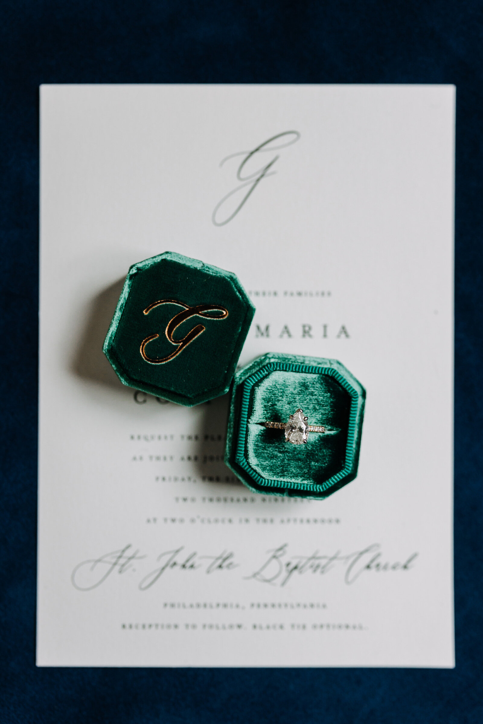 wedding ring in green velvet ring box