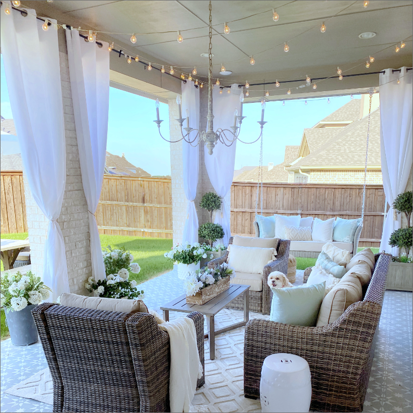 Outdoor patio decorated with MTH items and MTH drapes