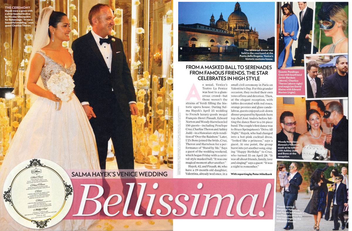 Another fairytale wedding featured in People magazine by Celebrity Party Planner, Mindy Weiss in Venice, Italy. Salma Hayek and Francois-Henri Pinault celebrate their marriage at Teatro La Fenice with their famed friends. Although, our photographs will remain private, People magazine featured a sweet article about their star-studded Venetian wedding! Being on stage with Bono while he serenades Salma was pretty amazing as well.