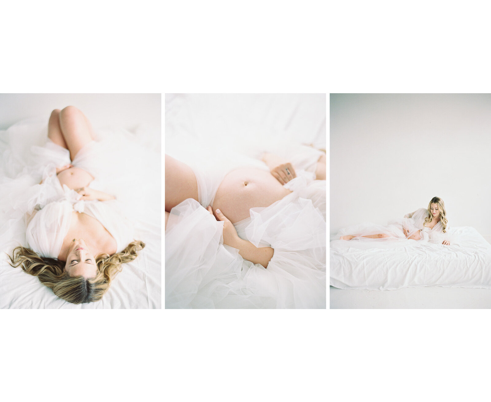 pregnant mother in white tulle dress in white studio taken by Milwaukee Maternity Photographer Talia Laird Photography
