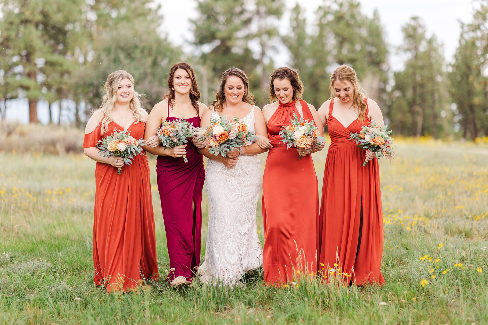 Teracotta and burgundy bridesmaids dresses