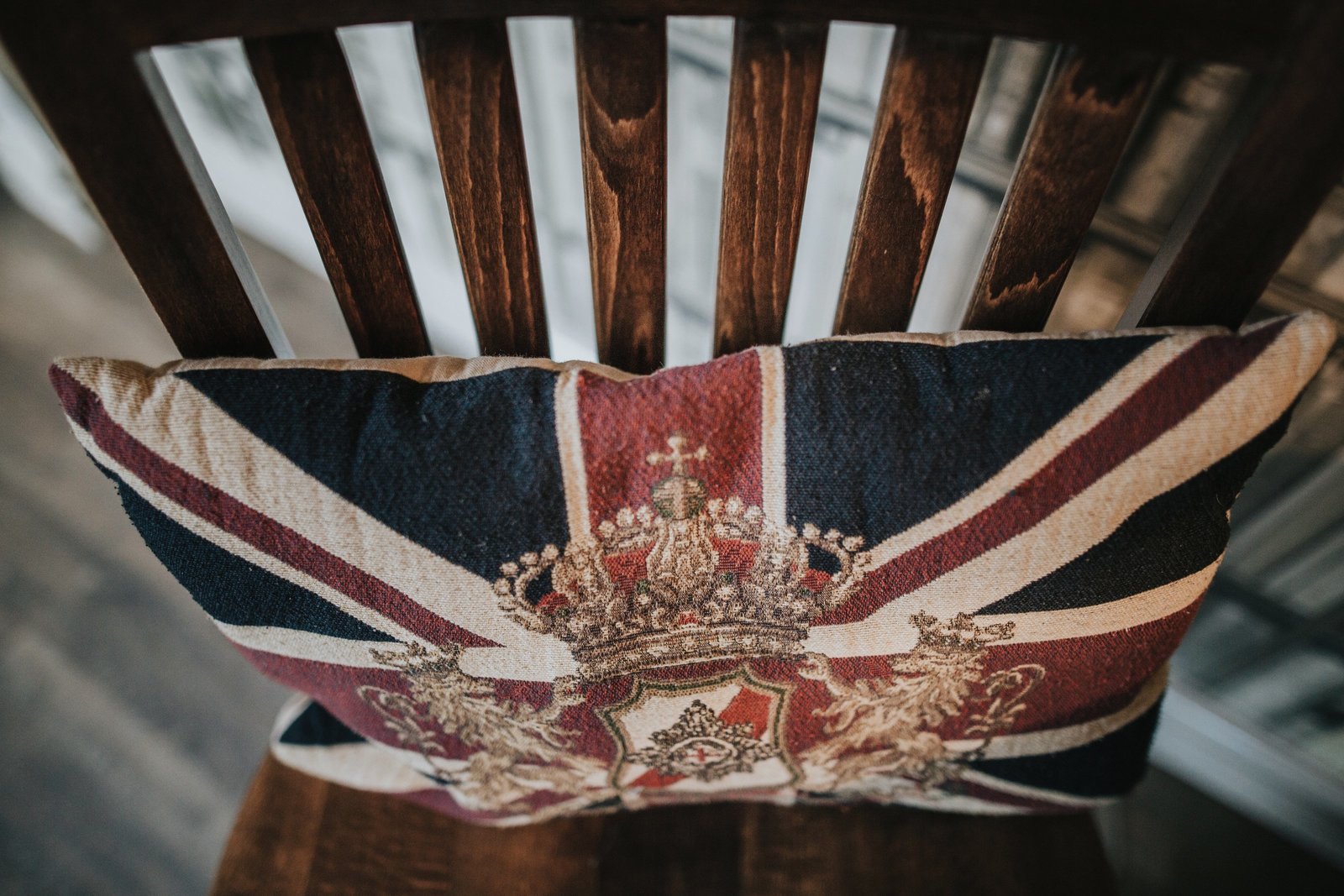 Union Jack cushion on a chair in Baldry's Cottage