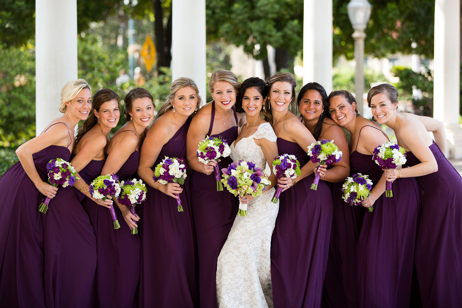 bridesmaids in plum dresses