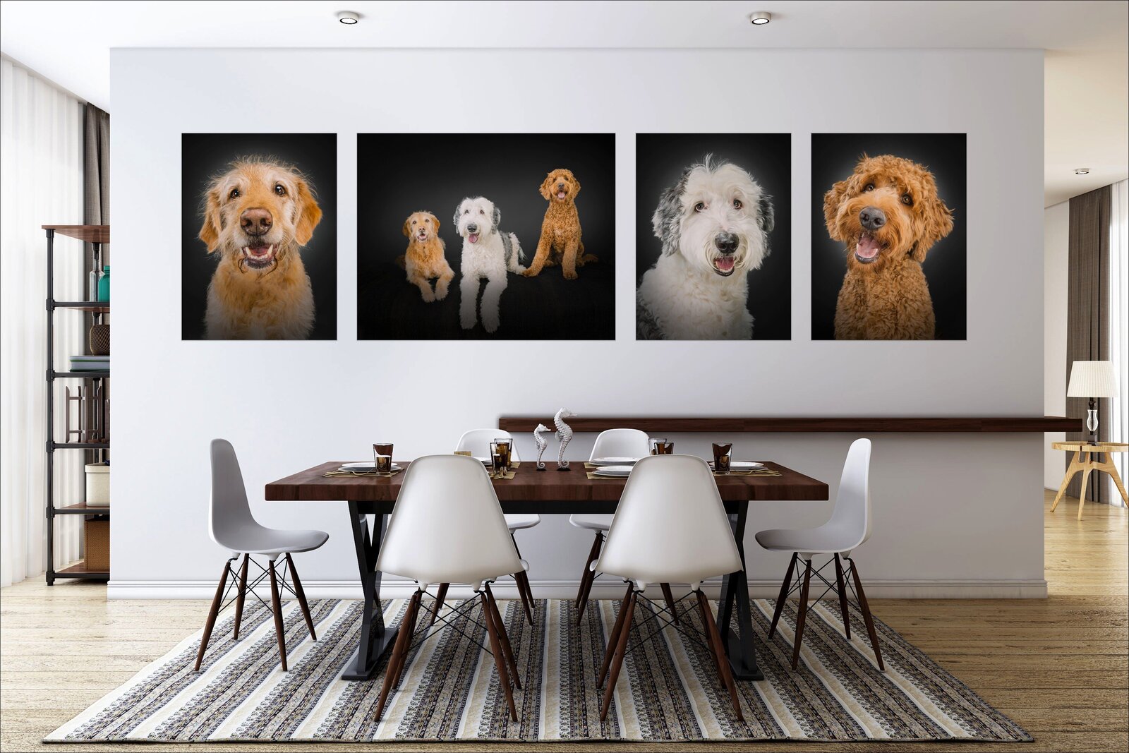 Gallery wall art of three golden doodle dogs hanging in moder decor dining room