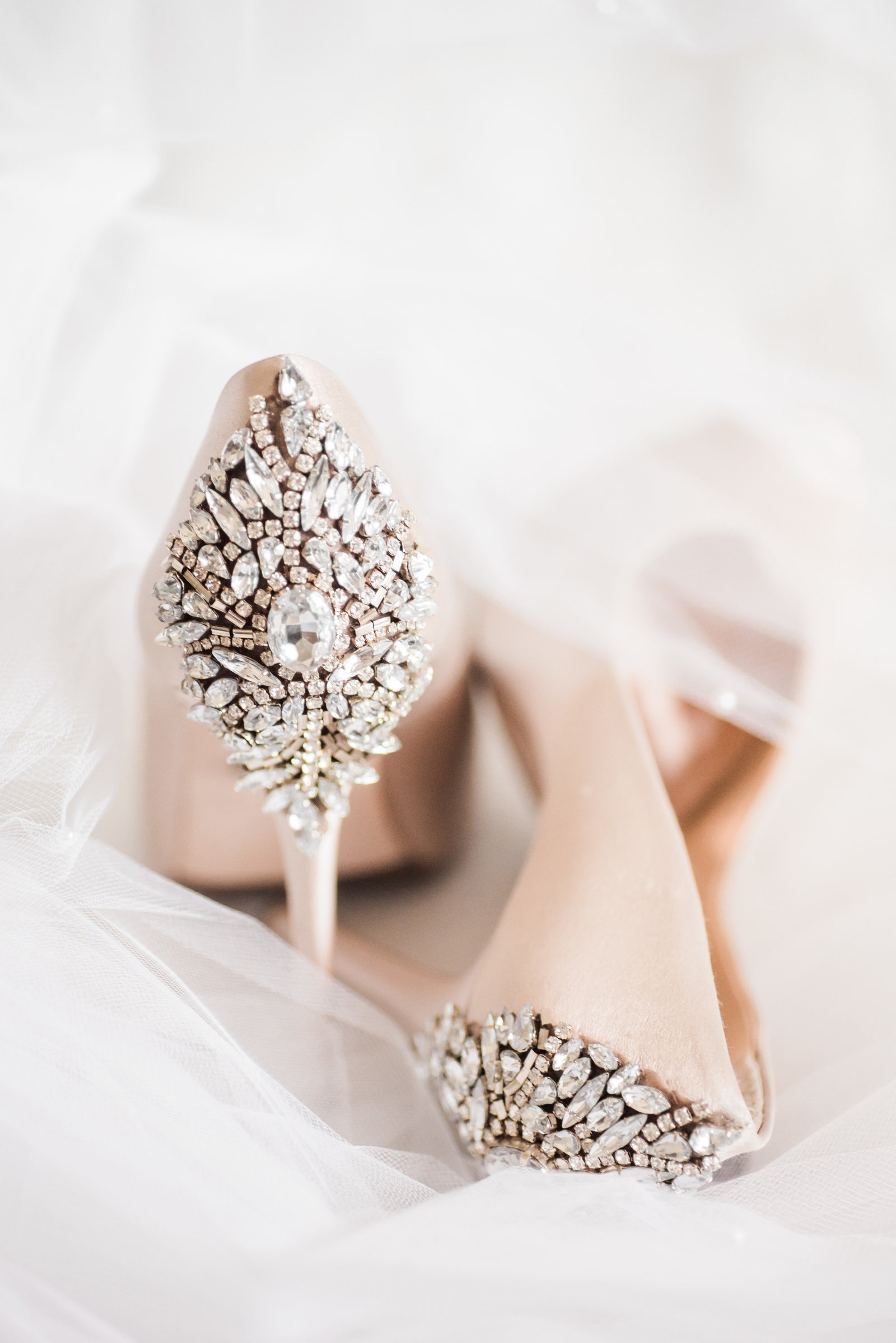 Tucson Skyline Country Club Wedding Photo of Bridal Details Badgley Mischka Blush Pink High Heel Shoes and Veil | Tucson Wedding Photographer | West End Photography