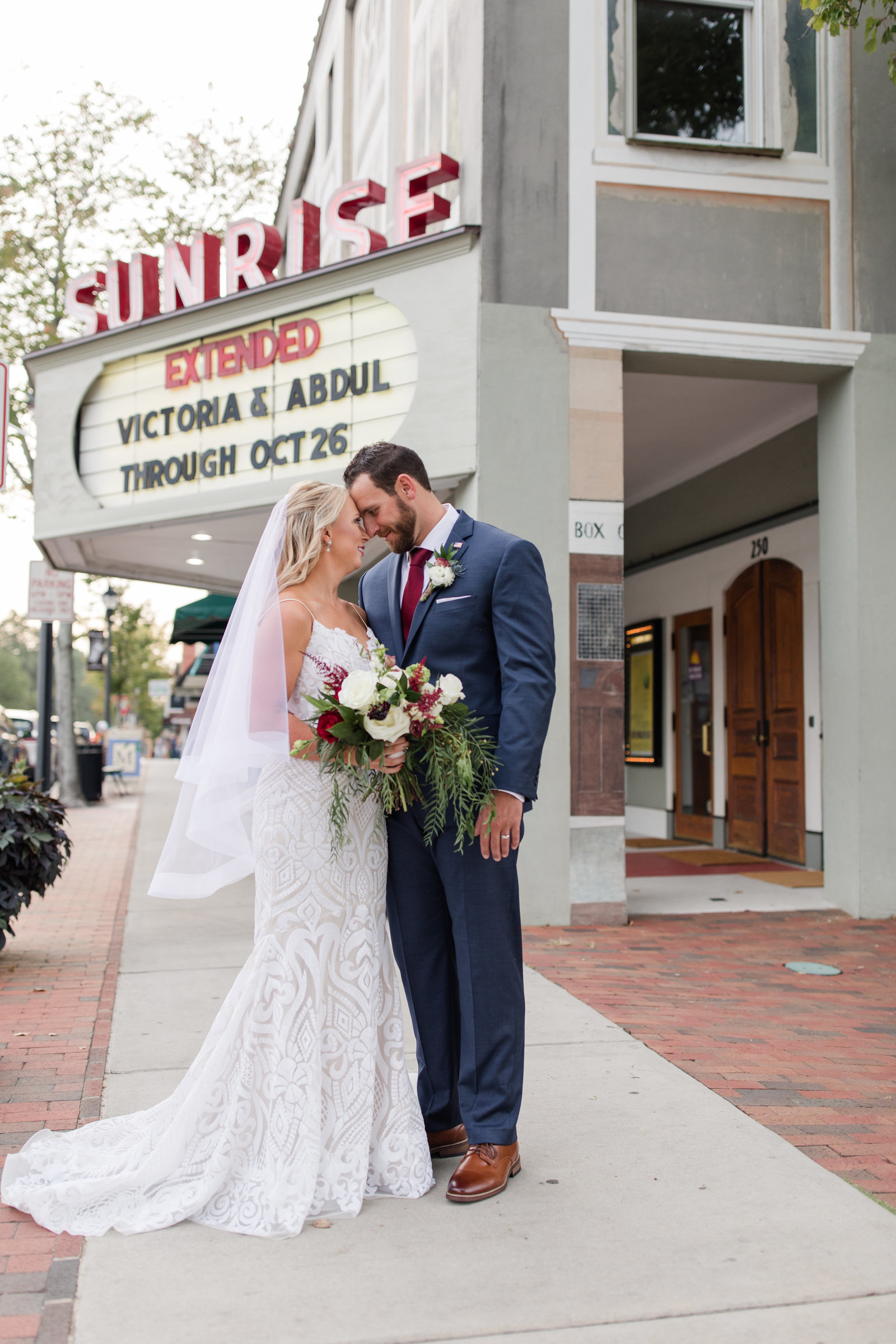 Beautiful bride and groom portrait at the Sunrise Theater, Southern Pines, NC-305 Trackside Wedding