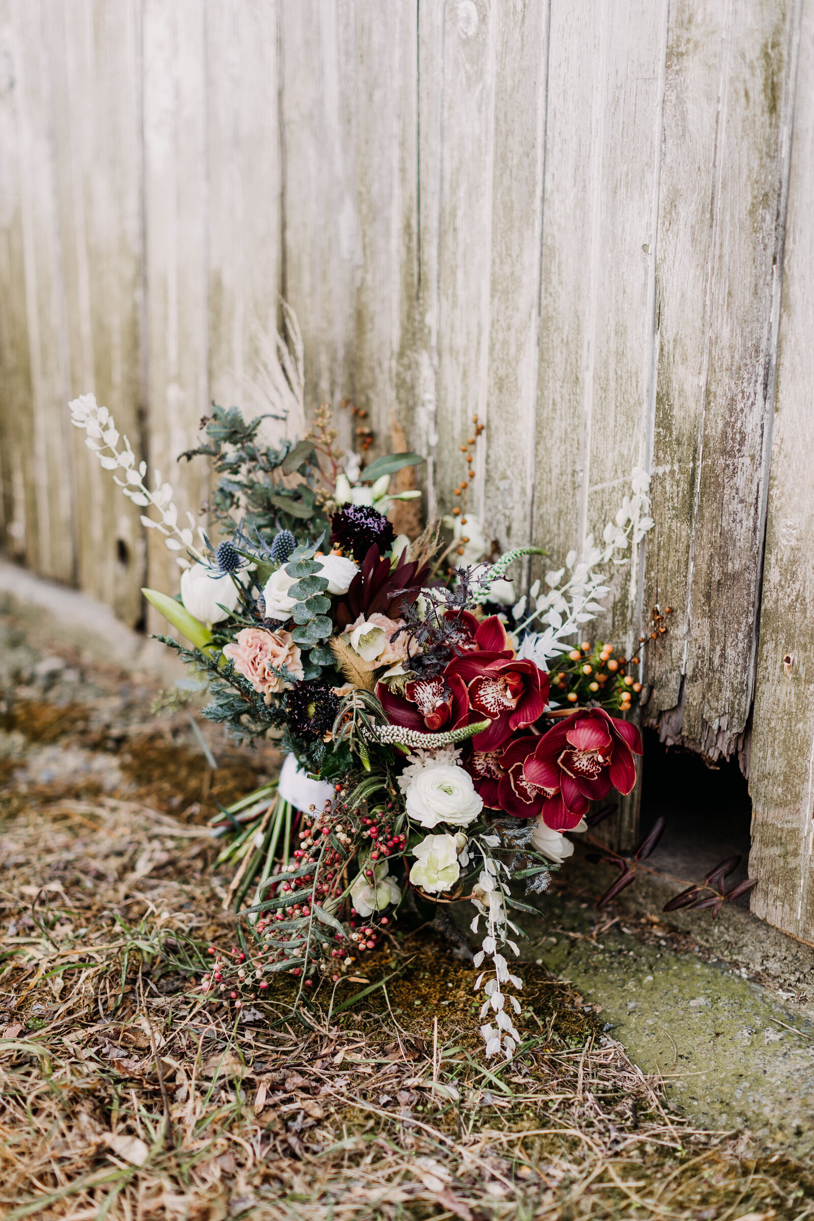 bridal flower bouquet at old rustic barn