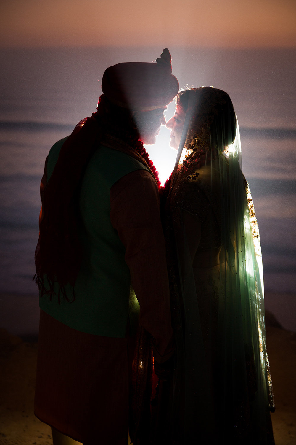 Dramatic Indian Hindu Wedding Portrait on Cliffs Overlooking Ocean in San Diego