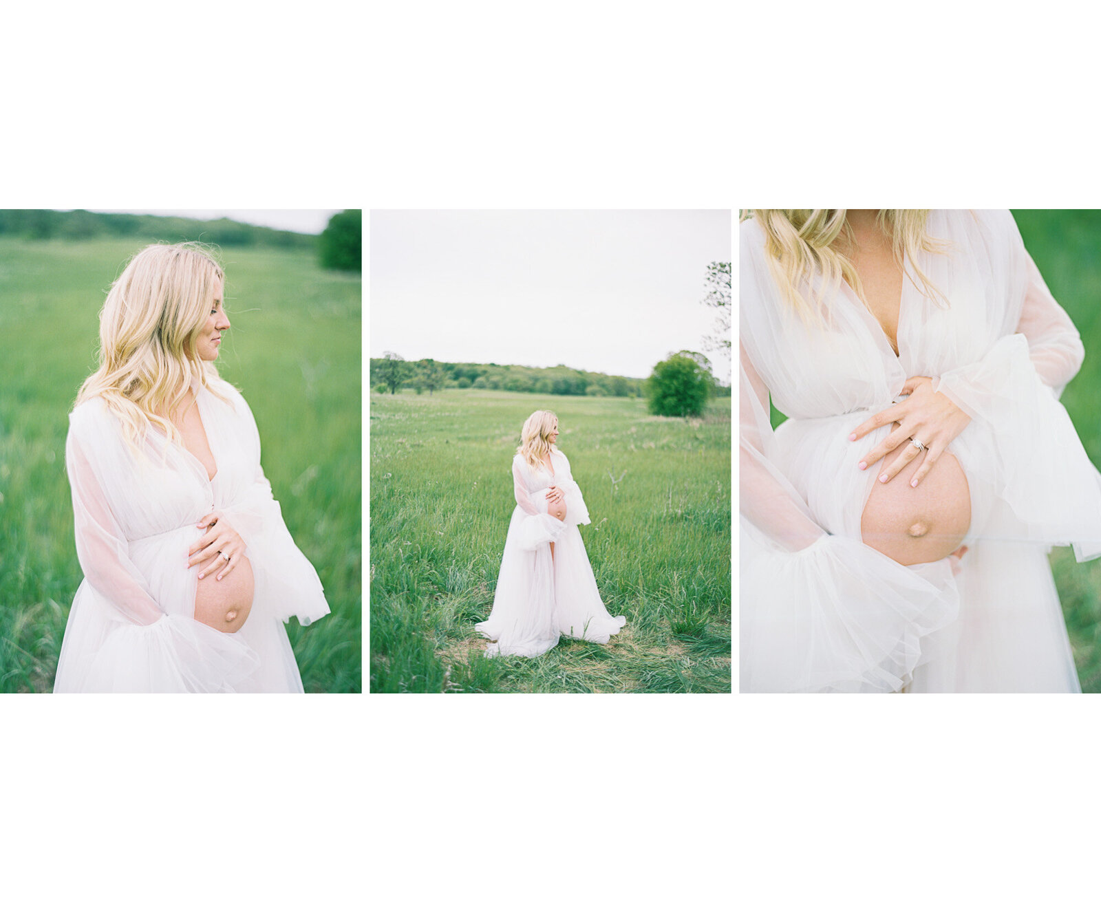 pregnant woman in white dress showing her belly in a green field by Milwaukee Maternity Photographer