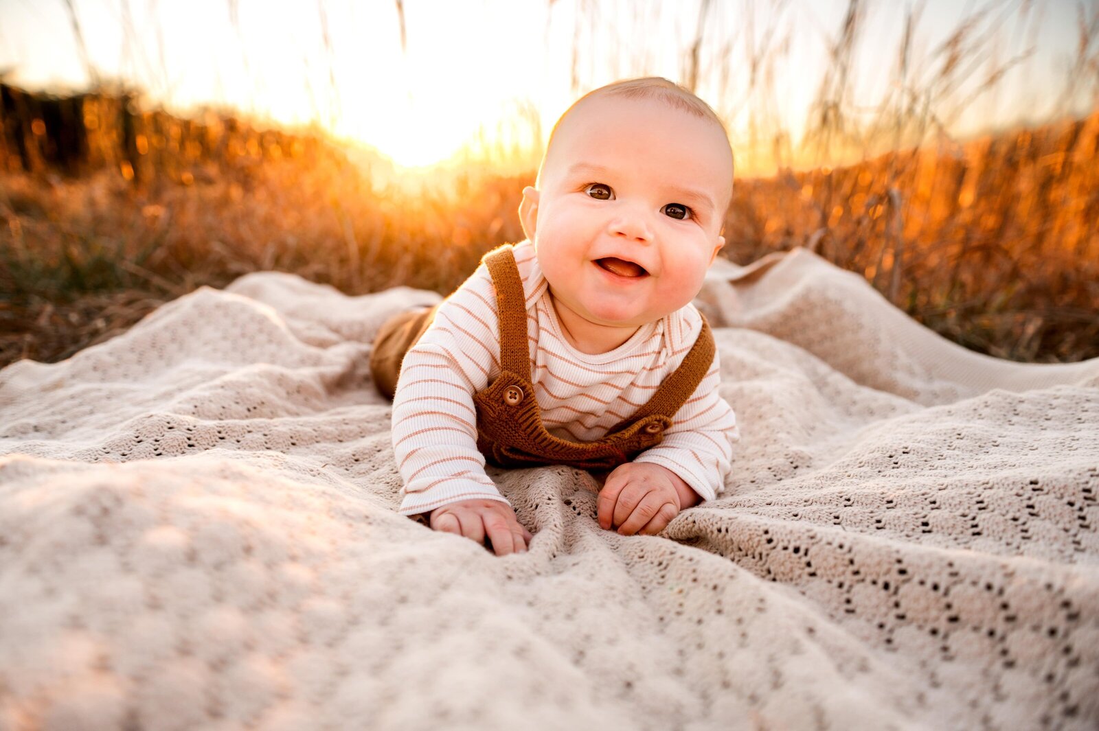 baby laying on blanket during a family photography session
