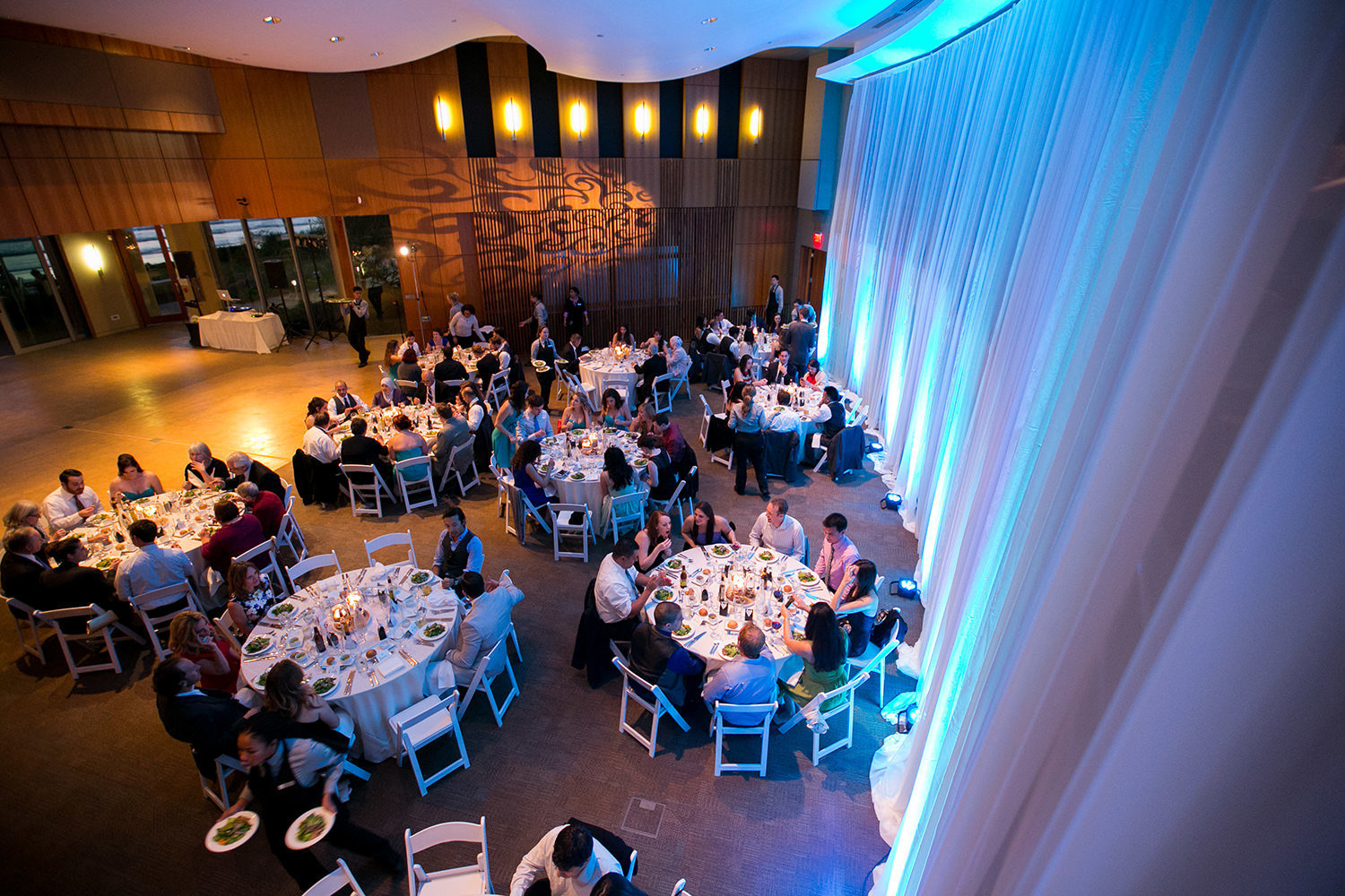 reception space with blue uplighting