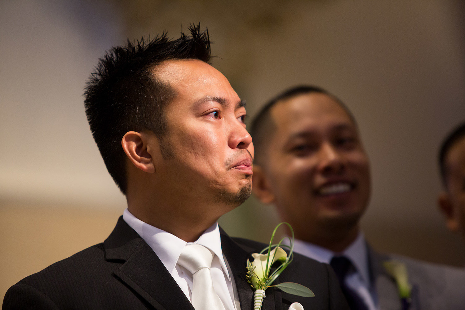 groom getting emotional seeing bride at the immaculata